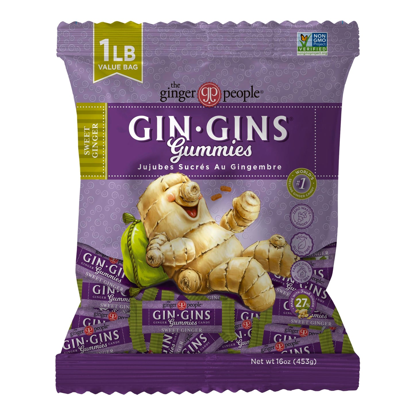 GIN GINS Spicy Apple Ginger Chews – Natural Fresh Ginger Candy by The Ginger People – Individually Wrapped Healthy Candy – Spicy Apple Ginger Flavor – Large 1 lb Bag (16oz) – Pack of 1