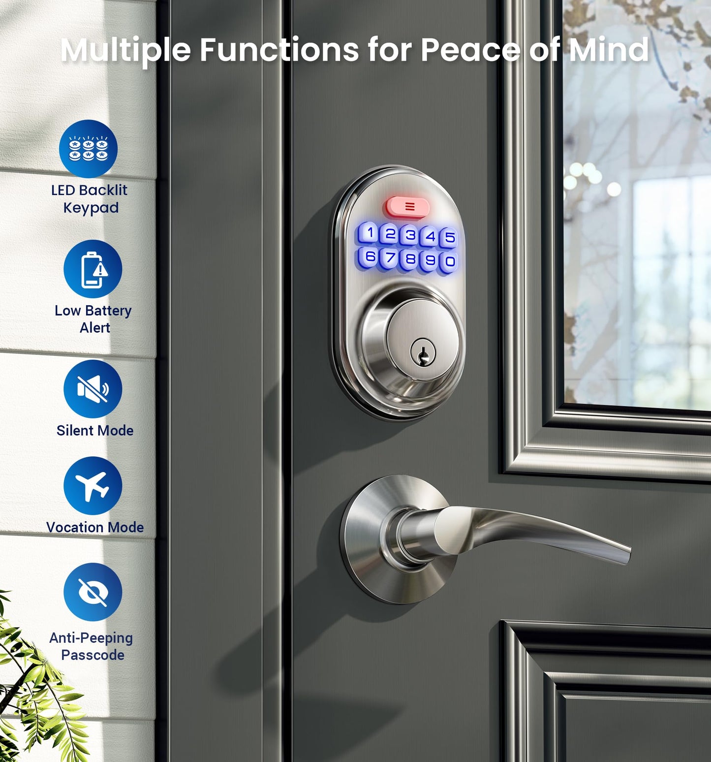 Veise Keyless Entry Door Lock with 2 Lever Handles - Electronic Keypad Deadbolt, Auto Lock, Back Lit & Easy Installation Design, Front Door Handle Sets, Matte Black