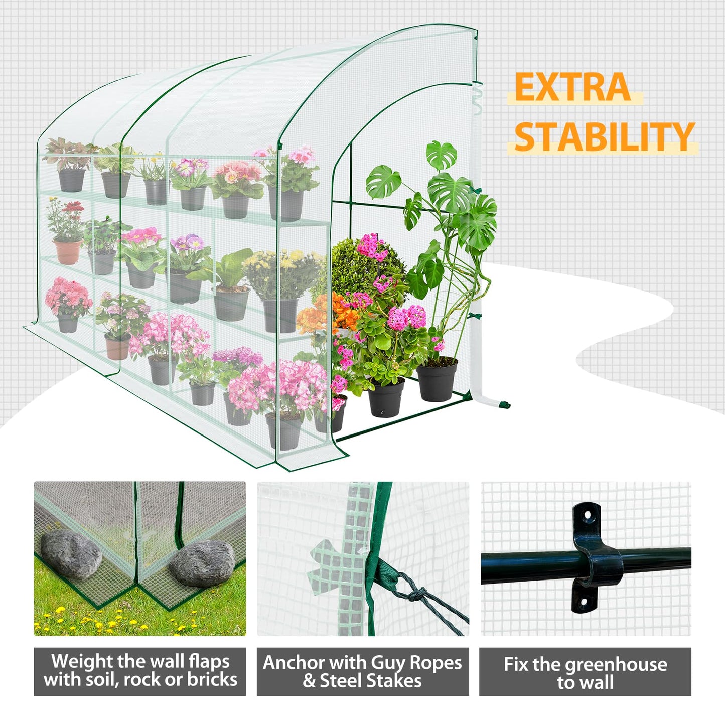 EAGLE PEAK 3 Tier Lean to Portable Greenhouse, Heavy-Duty Indoor & Outdoor Garden with Wire Shelves, 2 Roll-Up Zipper Doors, Easy Assembly, 79"x39"x83" Clear/Green PE Cover