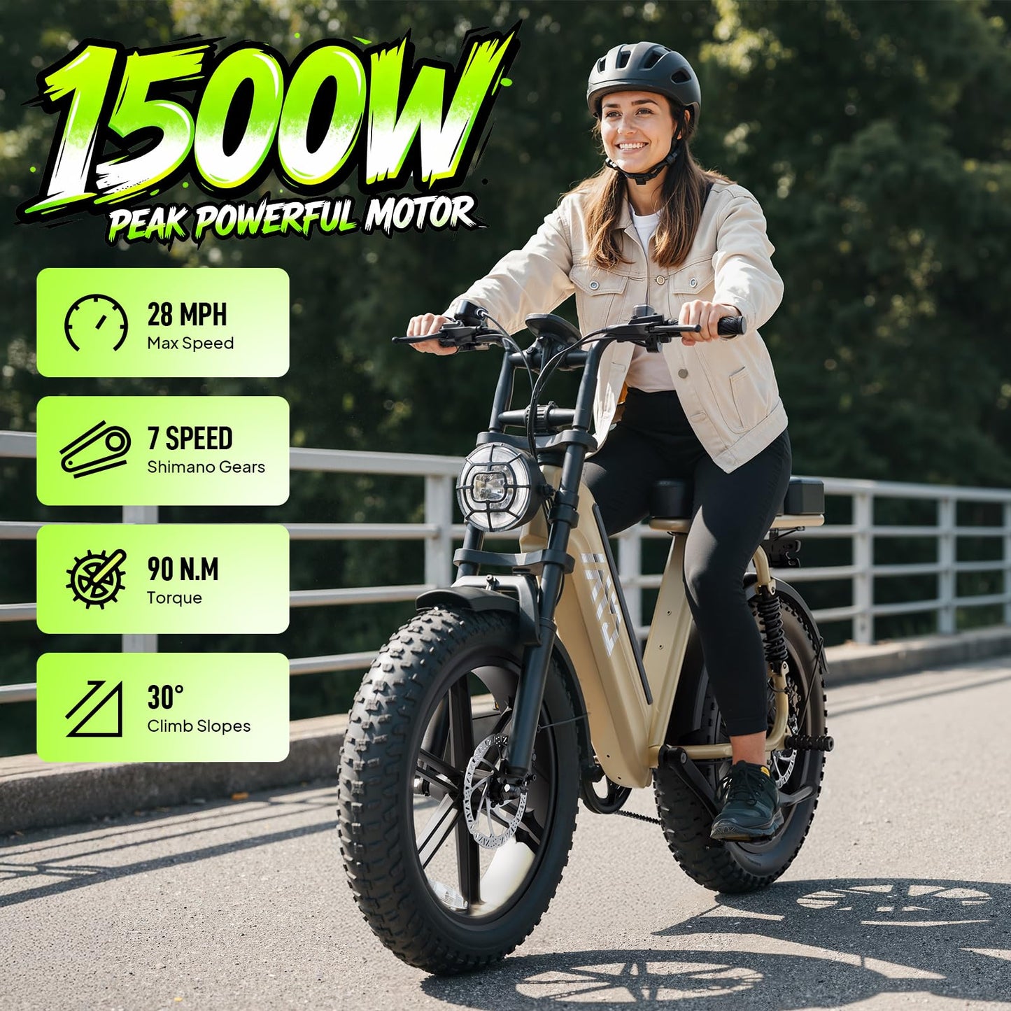 TST Electric Bike for Adults, 1500W Peak Motor Ebike with 48V 15Ah Built-in Battery, 60 Miles Range 28 MPH Electric Bike, 20" Fat Tire E Bike with Rear Seat, Footrest