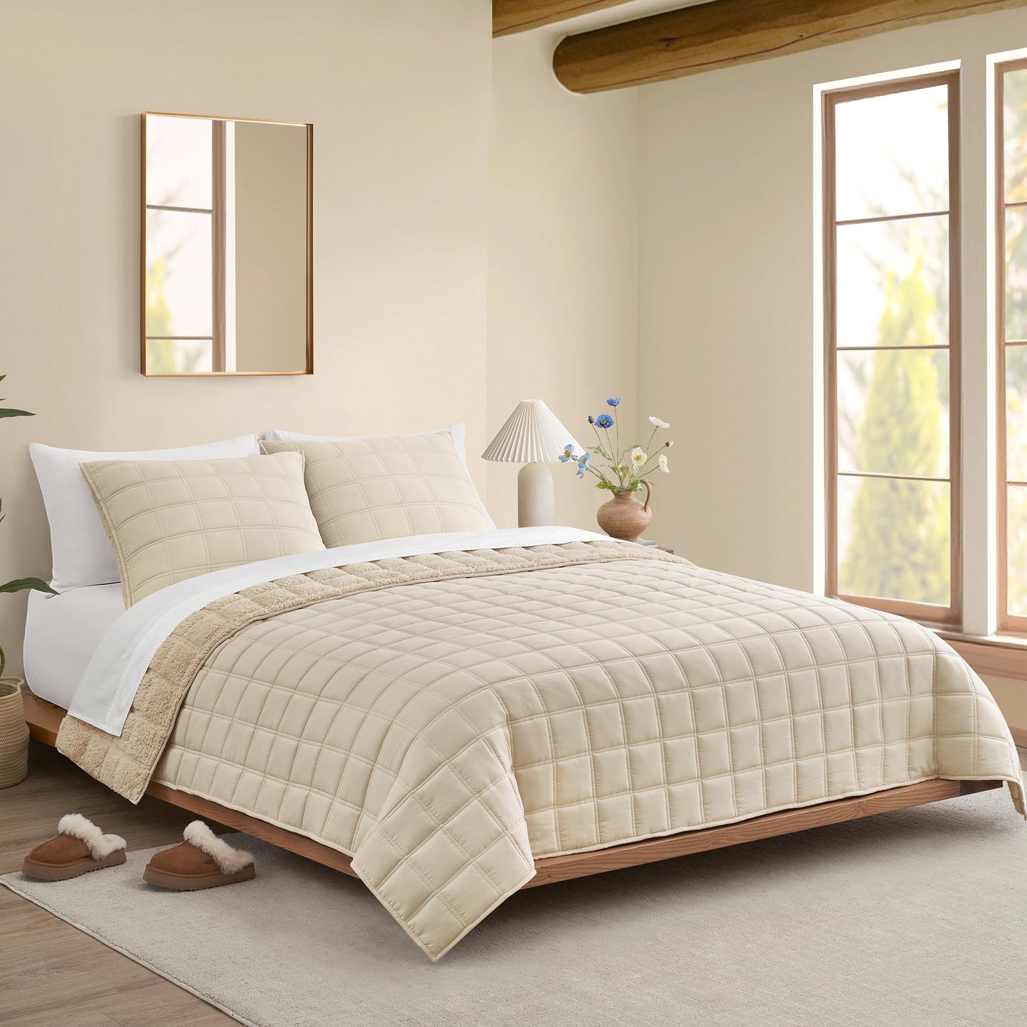 UGG Gizelle Full/Queen Quilt Set with 2 Pillow Shams Lightweight Bedding with Fluffy Reverse, All Season Washable & Hypoallergenic Bedding for Apartment or Dorm Essentials, Full/Queen, Cream