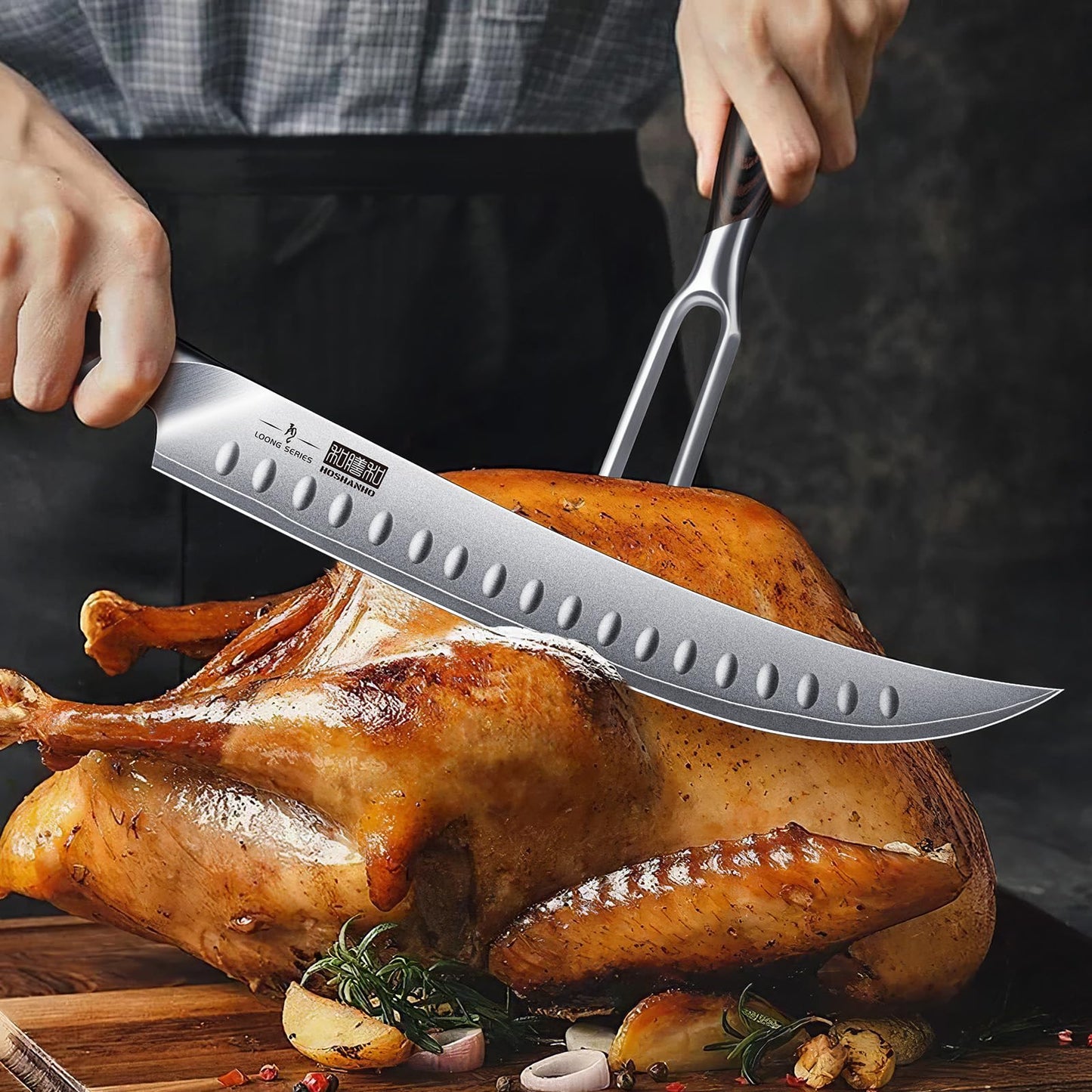 HOSHANHO Carving Slicing Knife, 12 Inch Japanese High Carbon Steel Brisket Knife with Ergonomic Pakkawood Handle, Razor Sharp Curved Butcher Breaking Knives for Meat Cutting