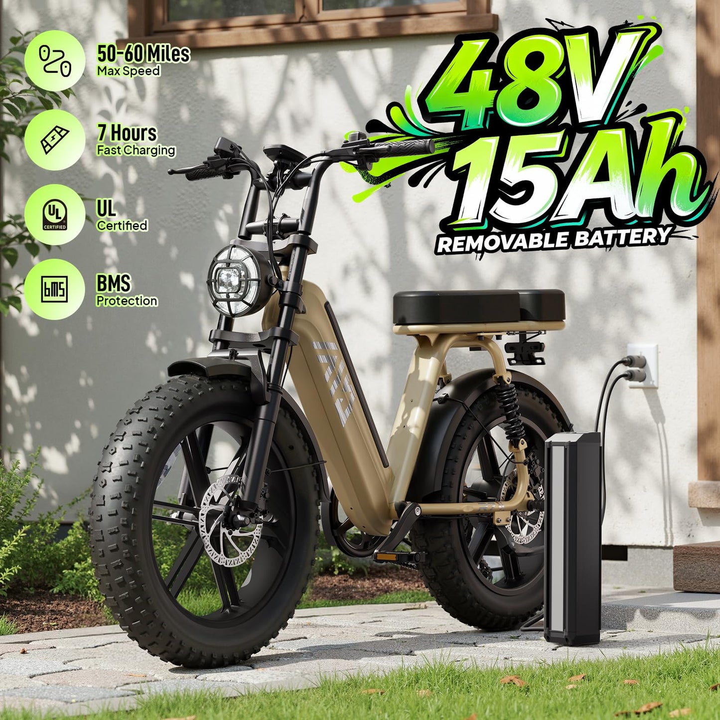 TST Electric Bike for Adults, 1500W Peak Motor Ebike with 48V 15Ah Built-in Battery, 60 Miles Range 28 MPH Electric Bike, 20" Fat Tire E Bike with Rear Seat, Footrest