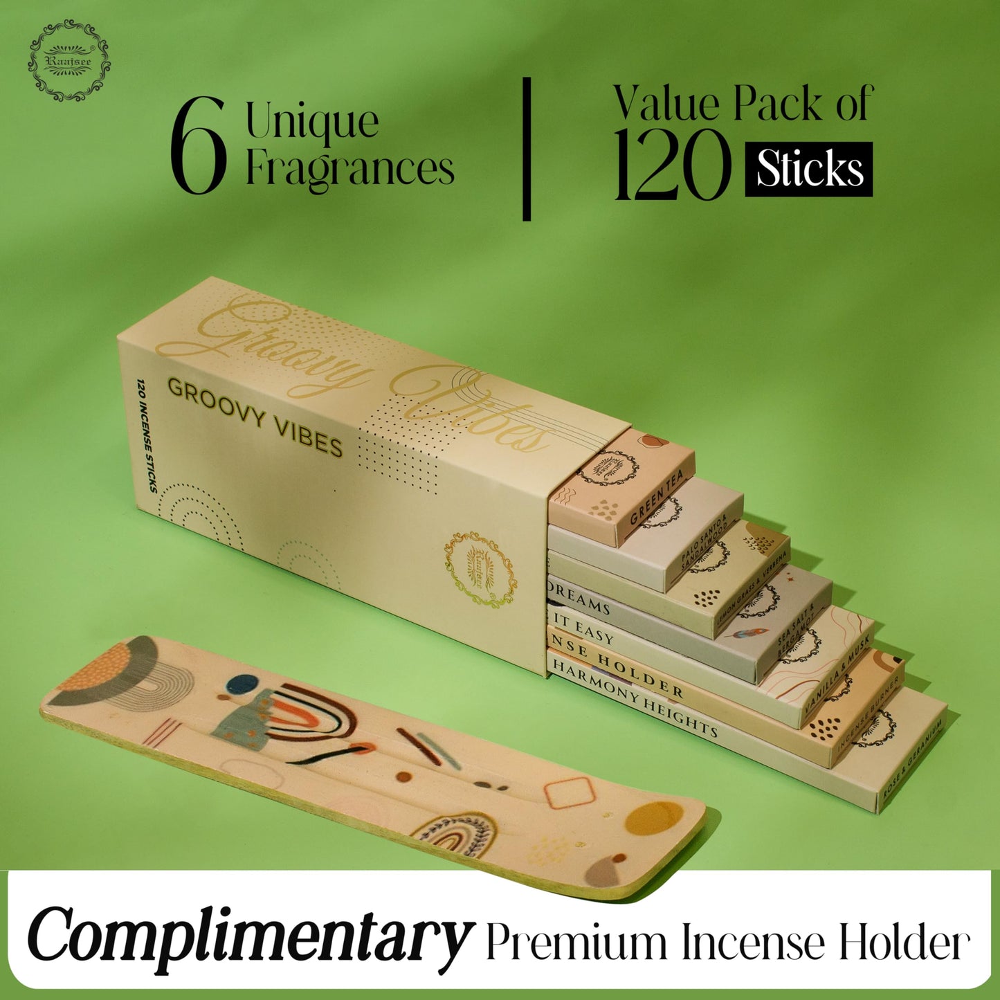 Raajsee Natural Incense Sticks with Insence Holder- Pack of 6 Organic Inscent -120 Insense Sticks, Non Toxic Clean Burning, Boho Gift Set, Sage,Apple Pumpkin,Coconut, Coffee,Rosemary Patchouli