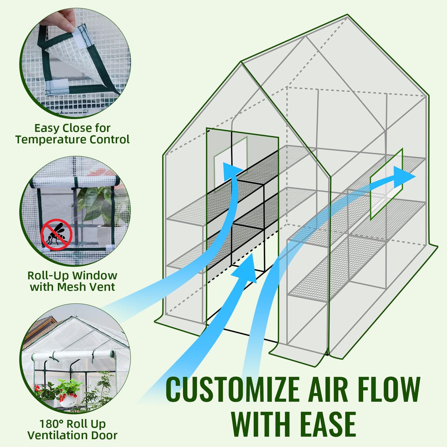 Greengro Greenhouse, 57 x 57 x 76'' Greenhouses for Outdoors, Durable Green House Kit with Window, Thicken PE Cover, 3 Tiers 8 Shelves, Heavy Duty Walk in Green Houses for Indoor Backyard Outside