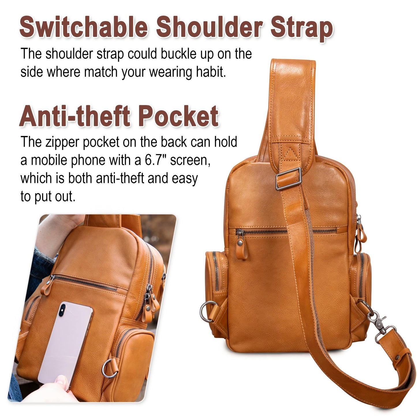 Genuine Leather Sling Bag for Men Large Crossbody Shoulder Bag Casual Sling Backpack Anti-Theft Travel Chest Purse