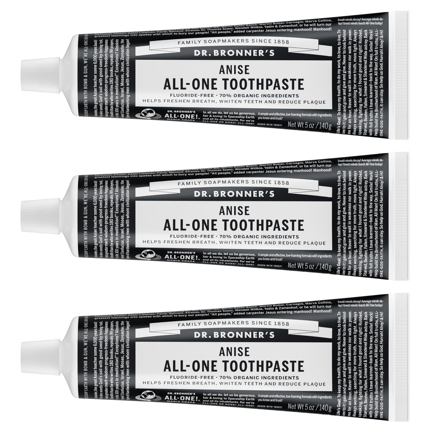 Dr. Bronner’s All-One Toothpaste Pack of 3– Peppermint, 5 oz– Fluoride-Free Toothpaste for Adults, SLS-Free, 70% Organic & Natural Ingredients, Vegan, Helps Freshen Breath & Reduce Plaque