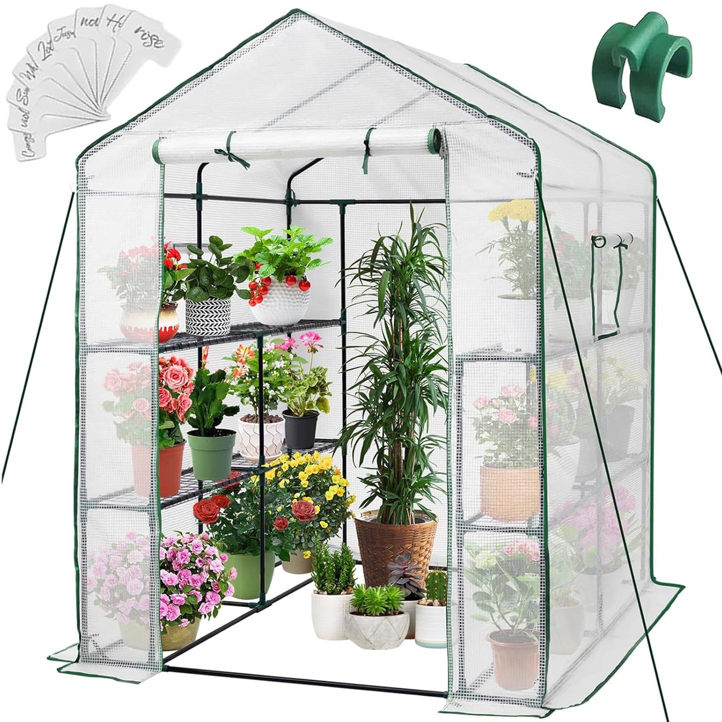 Greengro Greenhouse, 57 x 57 x 76'' Greenhouses for Outdoors, Durable Green House Kit with Window, Thicken PE Cover, 3 Tiers 8 Shelves, Heavy Duty Walk in Green Houses for Indoor Backyard Outside