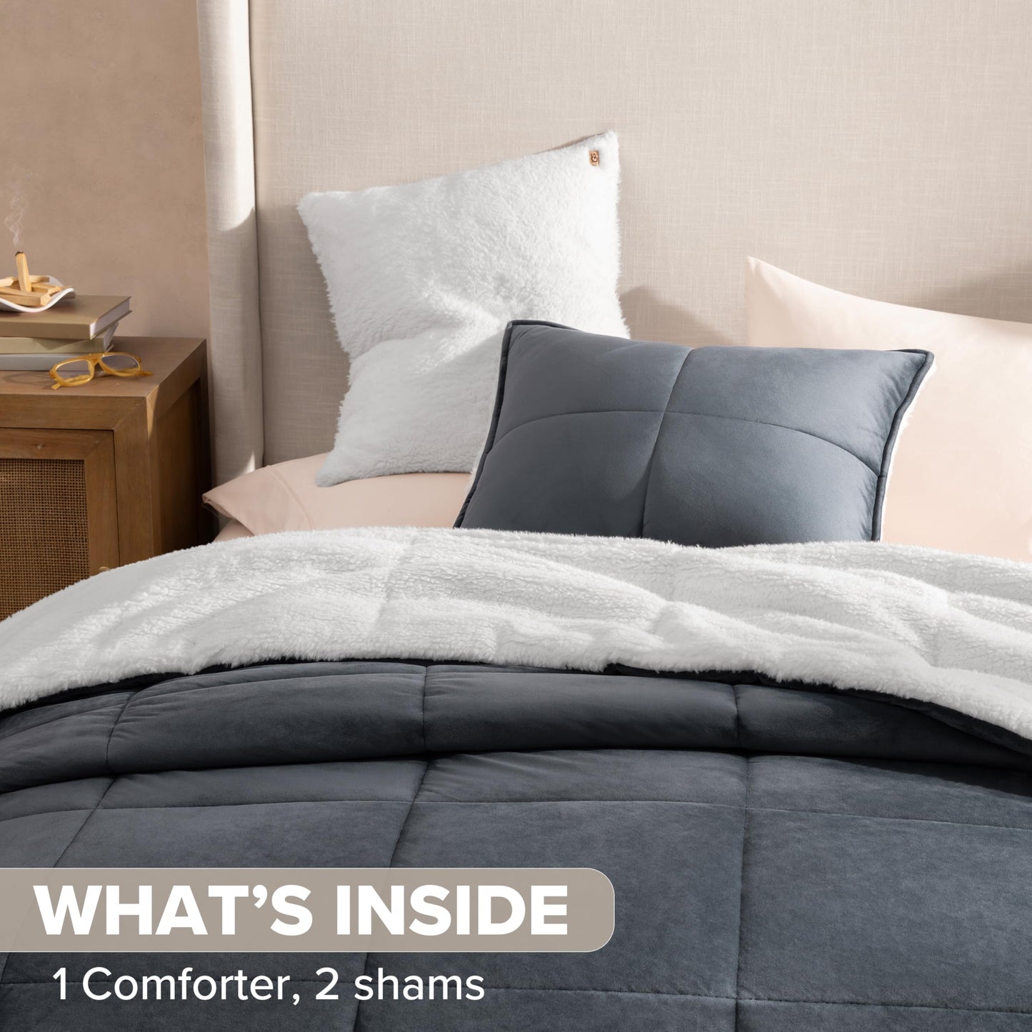 UGG Blissful Full/Queen Comforter Set with 2 Pillow Shams Reversible Comforter Plush Fluffy Warm Bed Set Premium Down Alternative Bedding for College Dorm Essentials, Full/Queen, Light Brown Fawn
