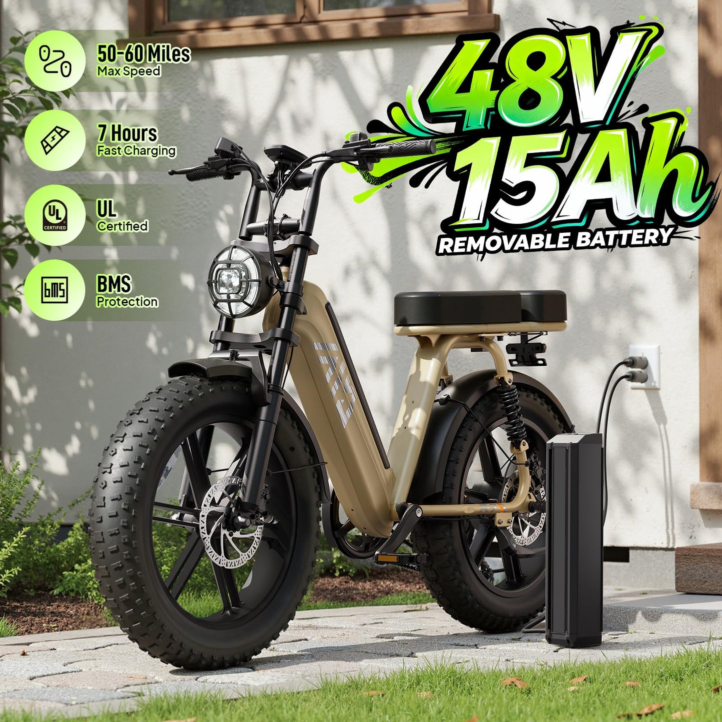 TST Electric Bike for Adults, 1500W Peak Motor Ebike with 48V 15Ah Built-in Battery, 60 Miles Range 28 MPH Electric Bike, 20" Fat Tire E Bike with Rear Seat, Footrest