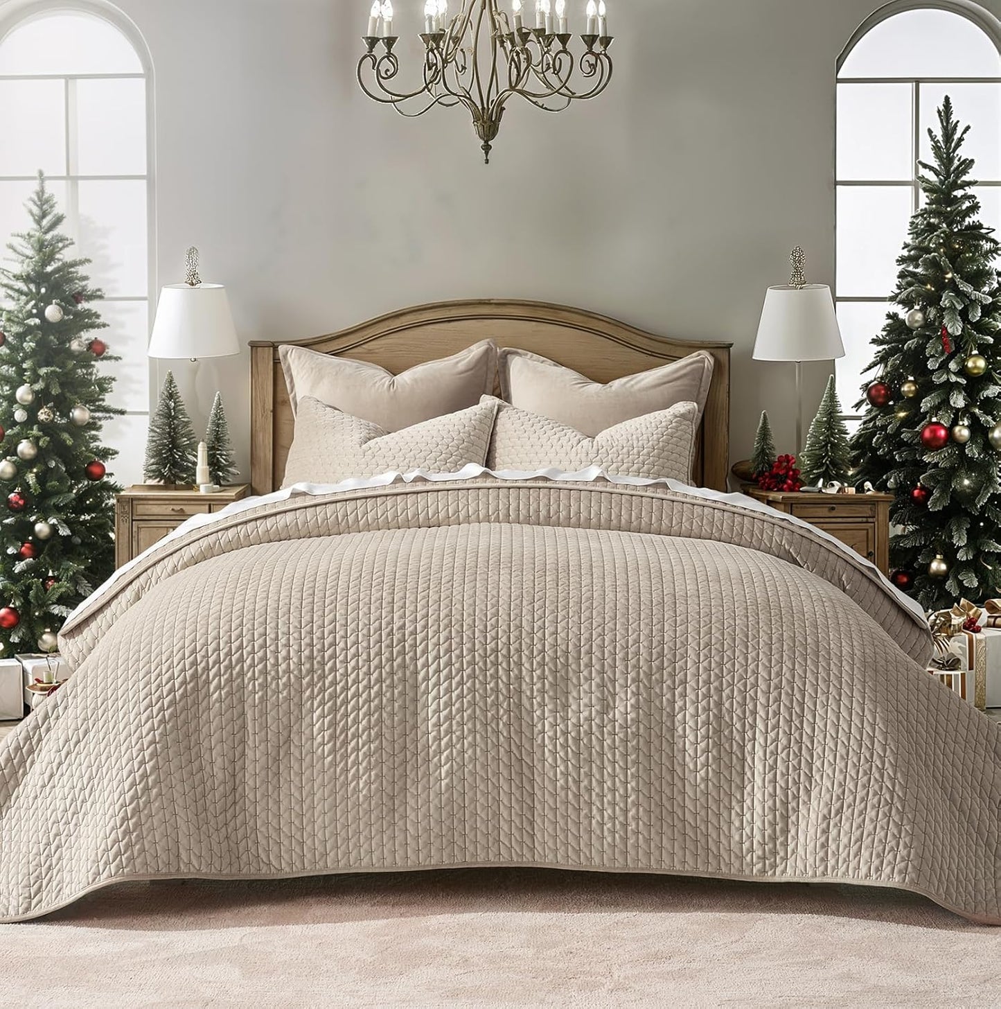 EverGrace Luxury Velvet Quilt Set King Size 3 Piece, Soft Cross-Stitch Velvet Comforter Set with Pillow Shams, Lightweight Coverlet Bedspread Bedding Set for All Seasons, Light Taupe
