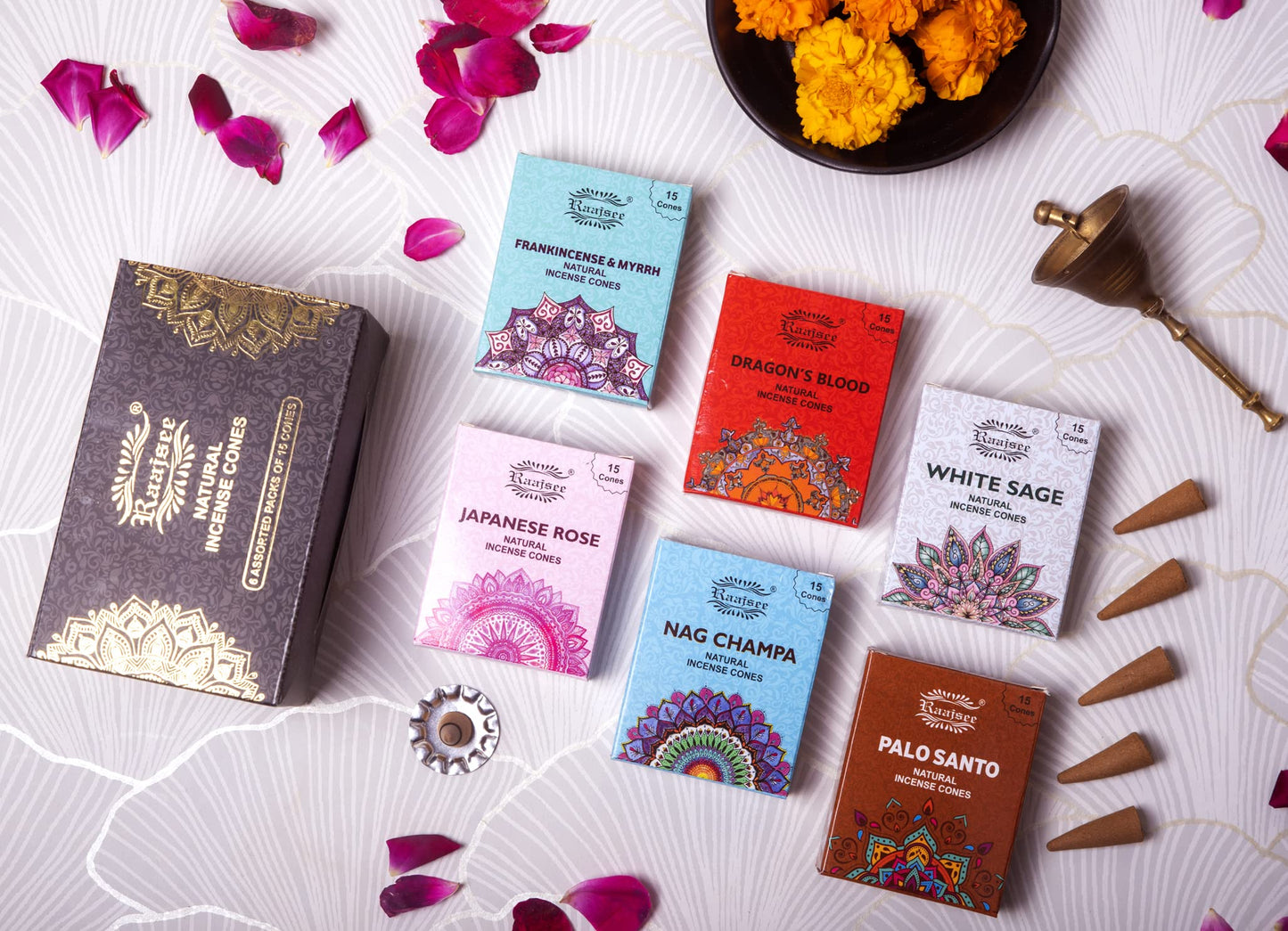 Raajsee Natural Incense Cones,6 Pack Mixed Scents Gift Pack 15 pc Each (90 Total), Insense Cones Variety Pack, 100% Organic Non Toxic Natural - Hand Rolled Free from Chemicals (Pack 1)