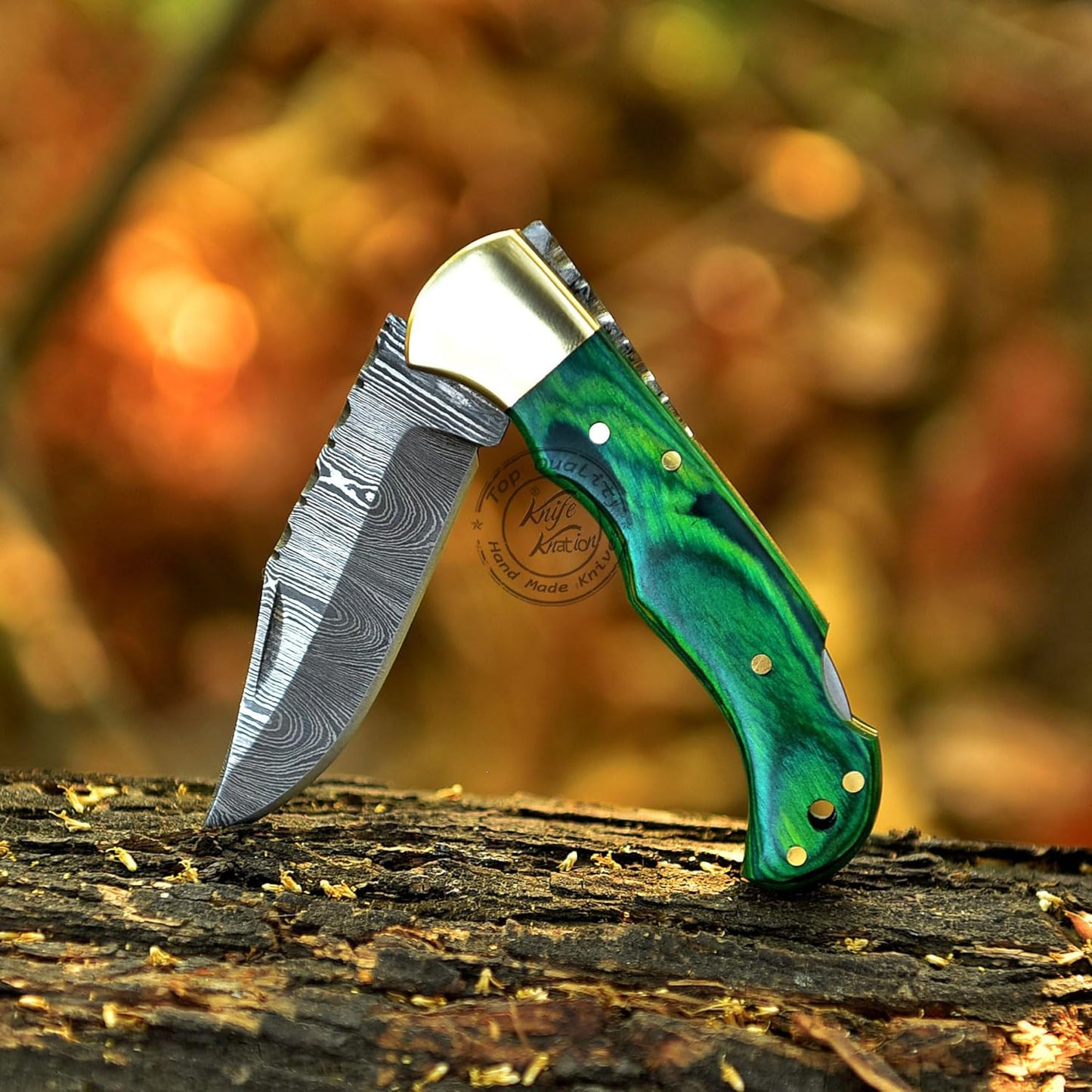 Green Wood 6.5'' 100% Handmade Damascus Steel Folding Pocket Knife, Hunting Knife, Outdoor Survival Hunting Accessories, Gifts for Men, Boyfriend, Dad, Father’s Day Gift, 100% Prime Quality