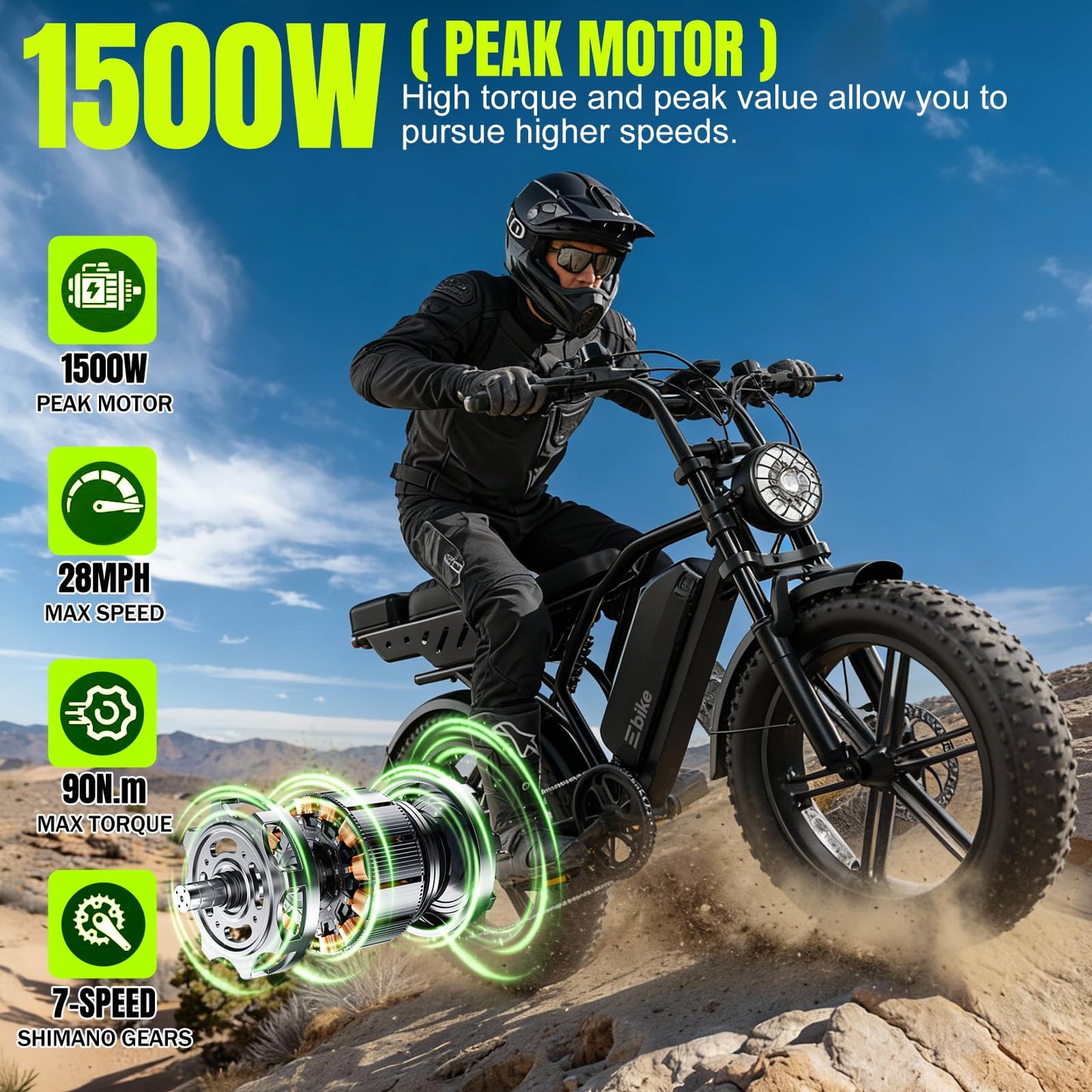 TST Electric Bike for Adults, 1500W Peak Motor Ebike with 48V 15Ah Built-in Battery, 60 Miles Range 28 MPH Electric Bike, 20" Fat Tire E Bike with Rear Seat, Footrest