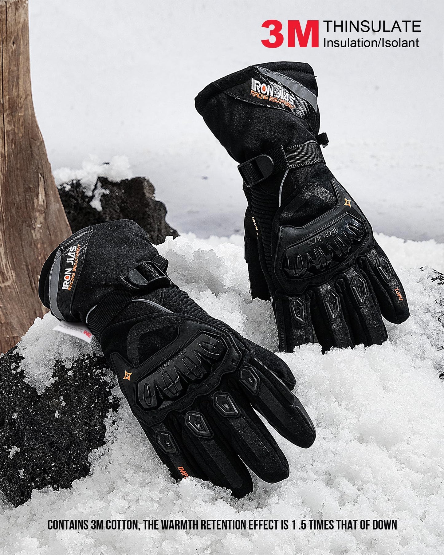 IRON JIA'S Motorcycle Gloves Winter Cold Weather Warm Touchscreen Waterproof Windproof Protective Gear (Black, L)