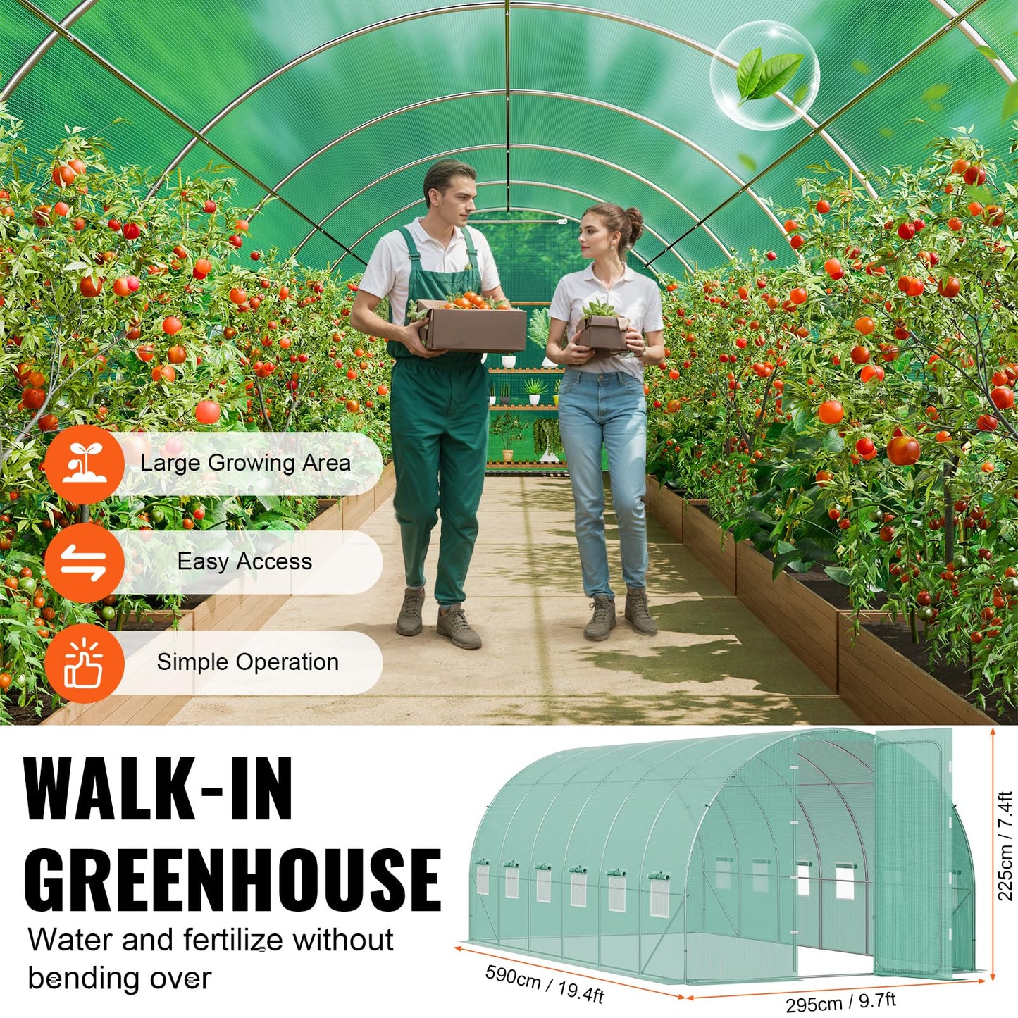 VEVOR Walk-in Tunnel Greenhouse, 9.6x6.4x6.2 ft Hoop House Greenhouse Tunnel, Plant Hot House with Galvanized Steel Frame, White PE Cover, Roll-up Zipper Door and 6 Windows for Outdoor