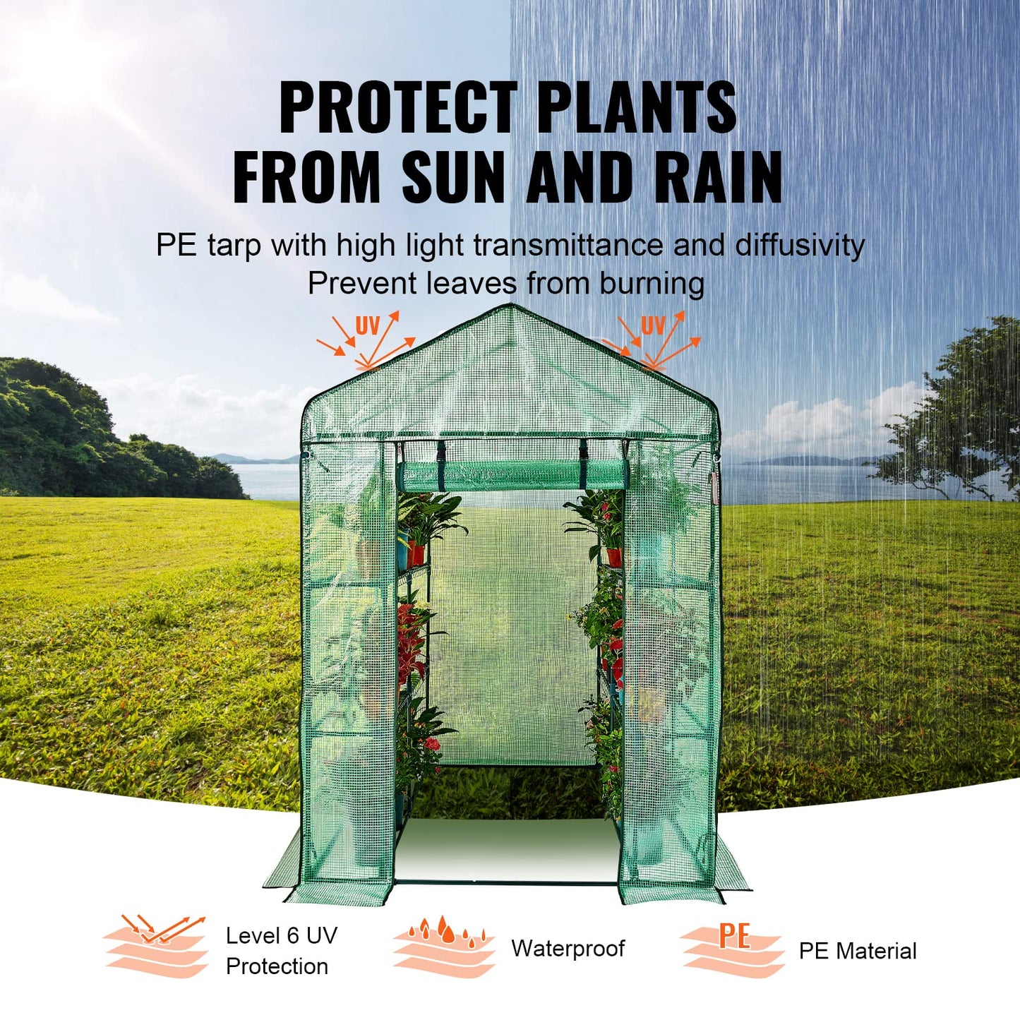 VEVOR Walk-in Tunnel Greenhouse, 9.6x6.4x6.2 ft Hoop House Greenhouse Tunnel, Plant Hot House with Galvanized Steel Frame, White PE Cover, Roll-up Zipper Door and 6 Windows for Outdoor