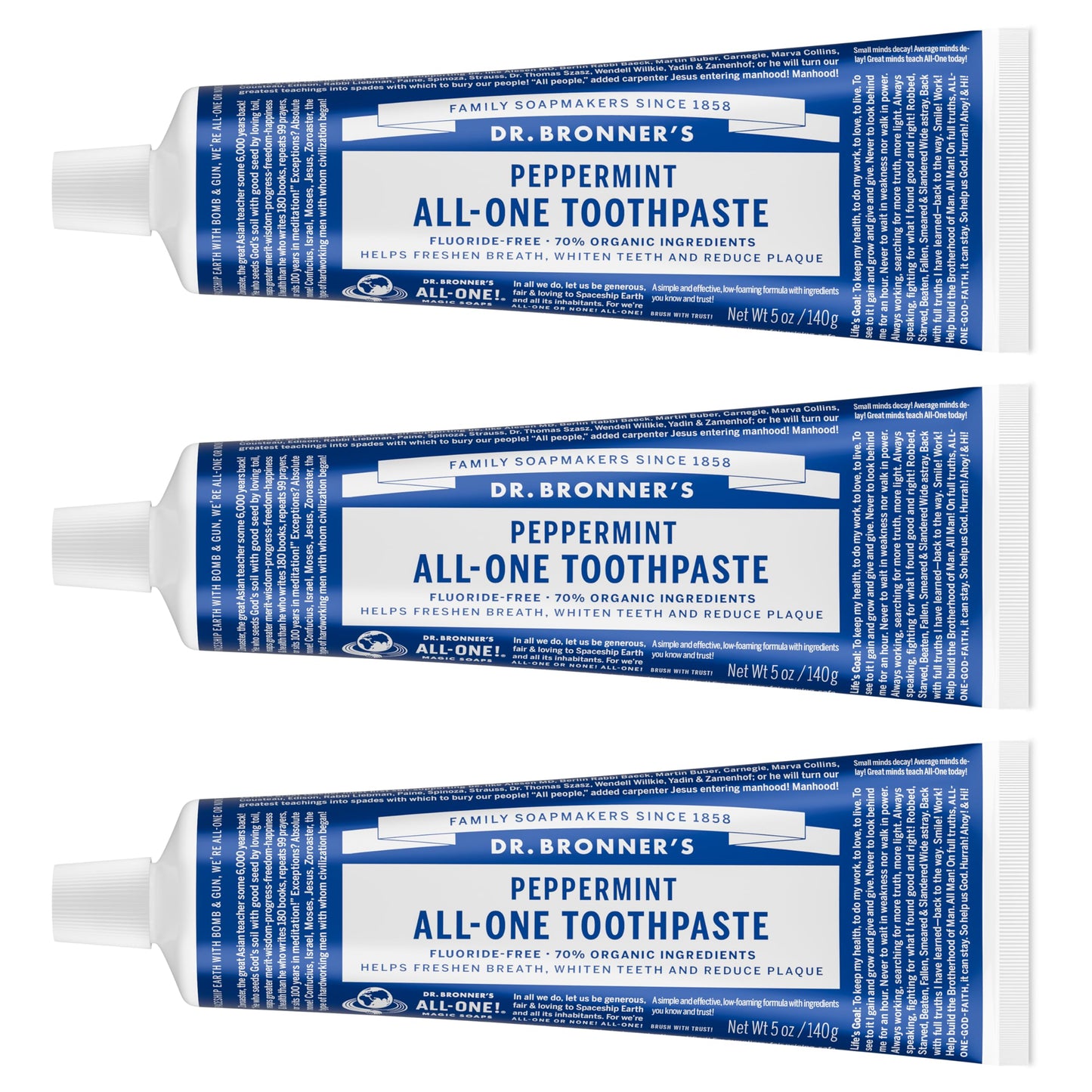 Dr. Bronner’s All-One Toothpaste Pack of 3– Peppermint, 5 oz– Fluoride-Free Toothpaste for Adults, SLS-Free, 70% Organic & Natural Ingredients, Vegan, Helps Freshen Breath & Reduce Plaque