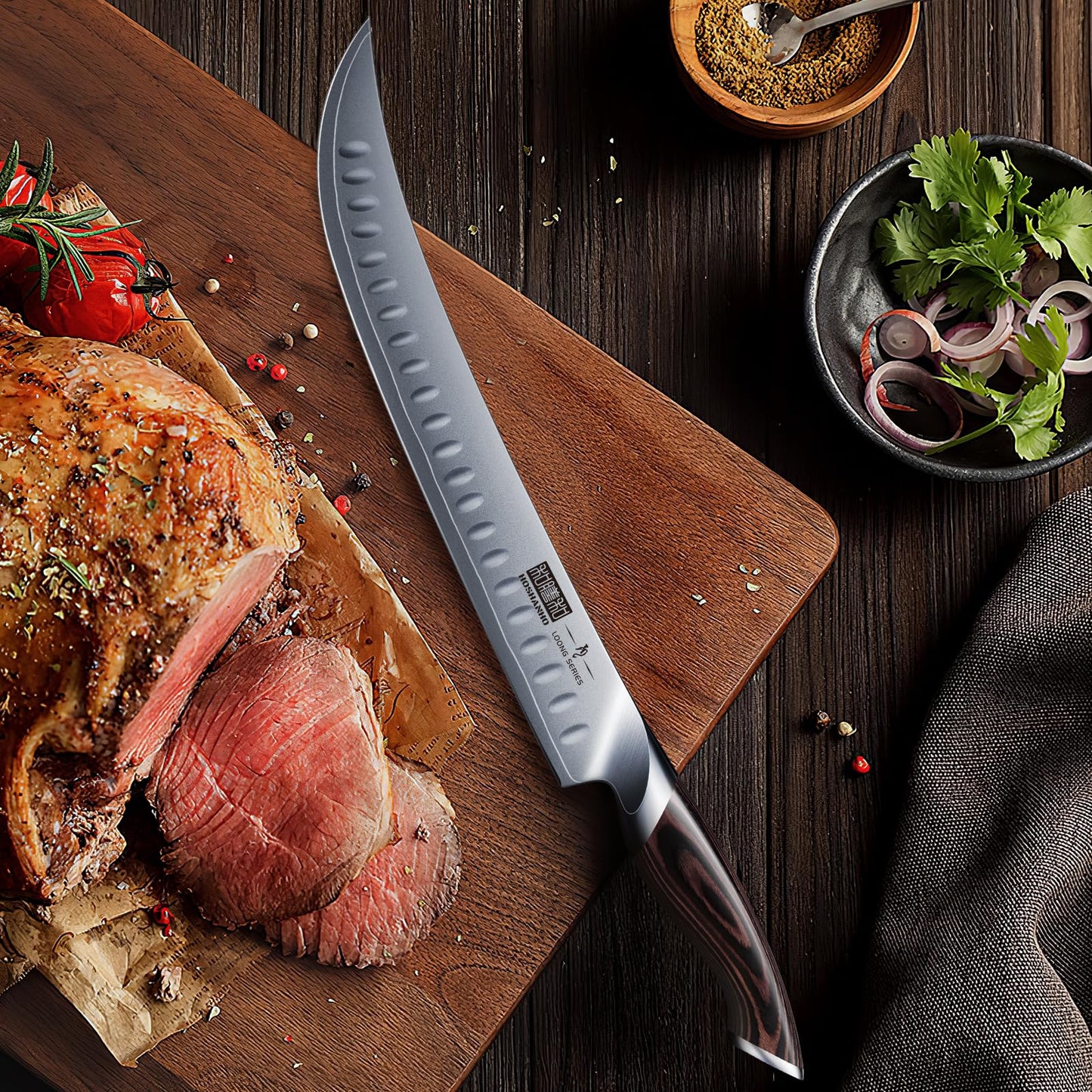 HOSHANHO Carving Slicing Knife, 12 Inch Japanese High Carbon Steel Brisket Knife with Ergonomic Pakkawood Handle, Razor Sharp Curved Butcher Breaking Knives for Meat Cutting