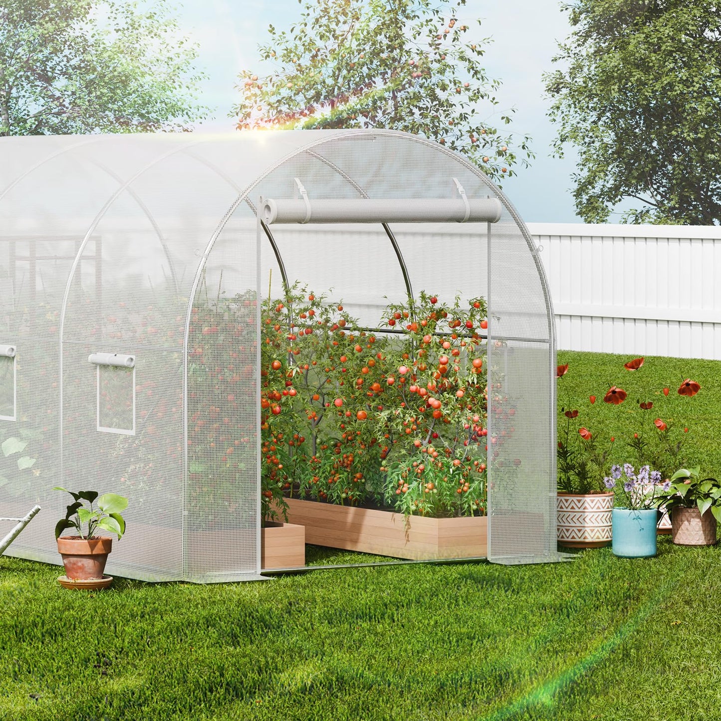 VEVOR Walk-in Tunnel Greenhouse, 9.6x6.4x6.2 ft Hoop House Greenhouse Tunnel, Plant Hot House with Galvanized Steel Frame, White PE Cover, Roll-up Zipper Door and 6 Windows for Outdoor