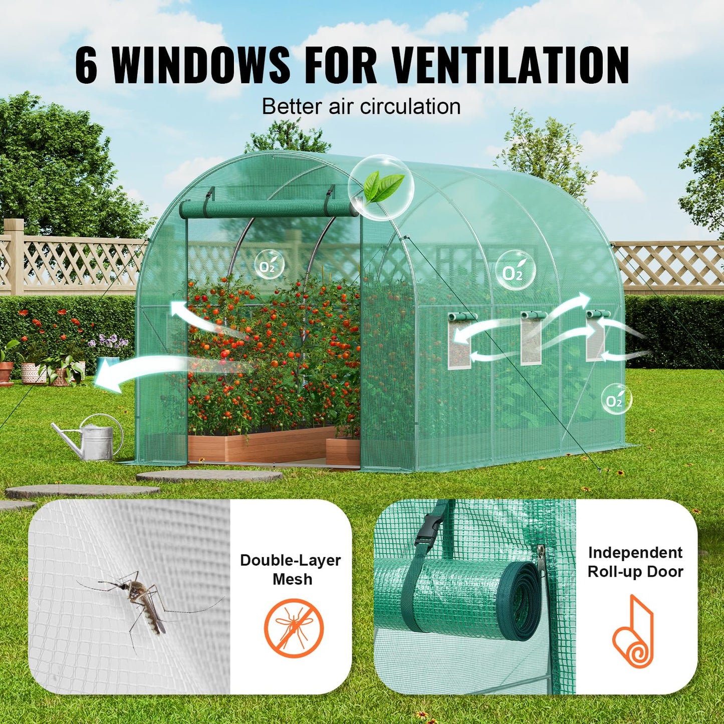 VEVOR Walk-in Tunnel Greenhouse, 9.6x6.4x6.2 ft Hoop House Greenhouse Tunnel, Plant Hot House with Galvanized Steel Frame, White PE Cover, Roll-up Zipper Door and 6 Windows for Outdoor