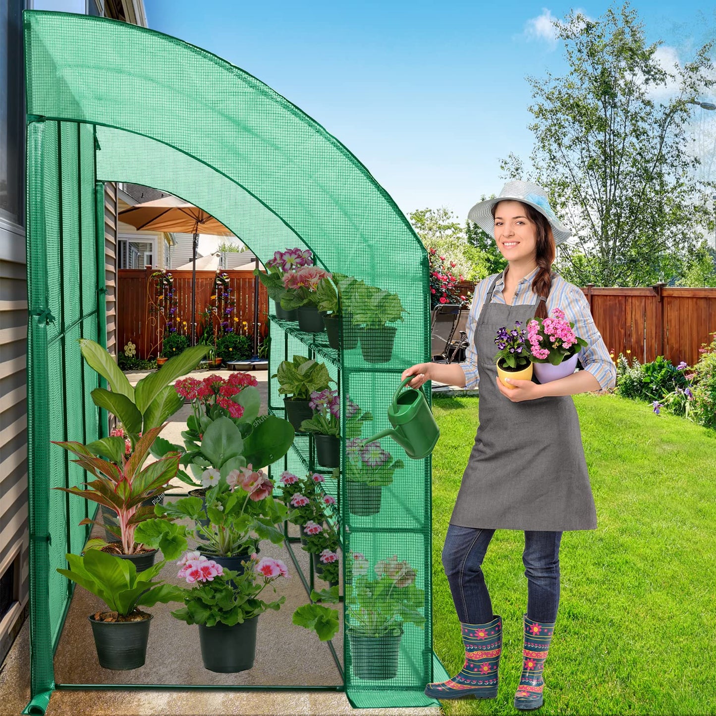 EAGLE PEAK 3 Tier Lean to Portable Greenhouse, Heavy-Duty Indoor & Outdoor Garden with Wire Shelves, 2 Roll-Up Zipper Doors, Easy Assembly, 79"x39"x83" Clear/Green PE Cover