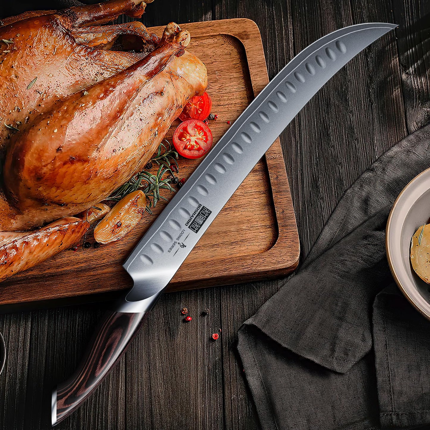 HOSHANHO Carving Slicing Knife, 12 Inch Japanese High Carbon Steel Brisket Knife with Ergonomic Pakkawood Handle, Razor Sharp Curved Butcher Breaking Knives for Meat Cutting