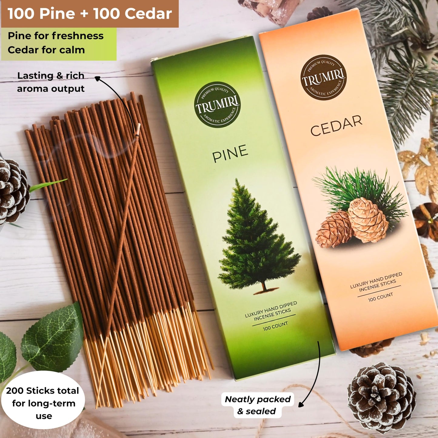 Pine Incense Sticks - Bulk Pack of 100 Insence-Sticks - Made with Natural Pino Oil - Scented Incienso Aromaticos Non Toxic Inscent Insense
