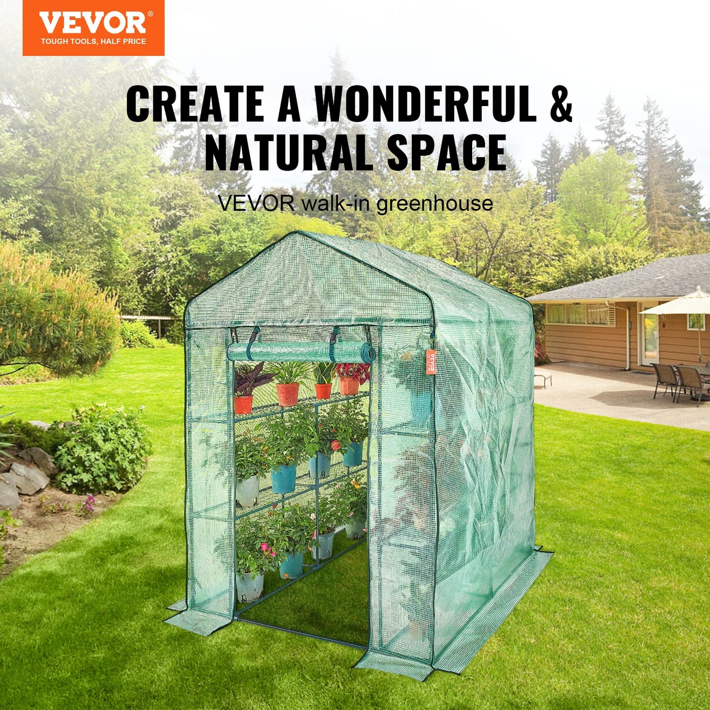 VEVOR Walk-in Tunnel Greenhouse, 9.6x6.4x6.2 ft Hoop House Greenhouse Tunnel, Plant Hot House with Galvanized Steel Frame, White PE Cover, Roll-up Zipper Door and 6 Windows for Outdoor