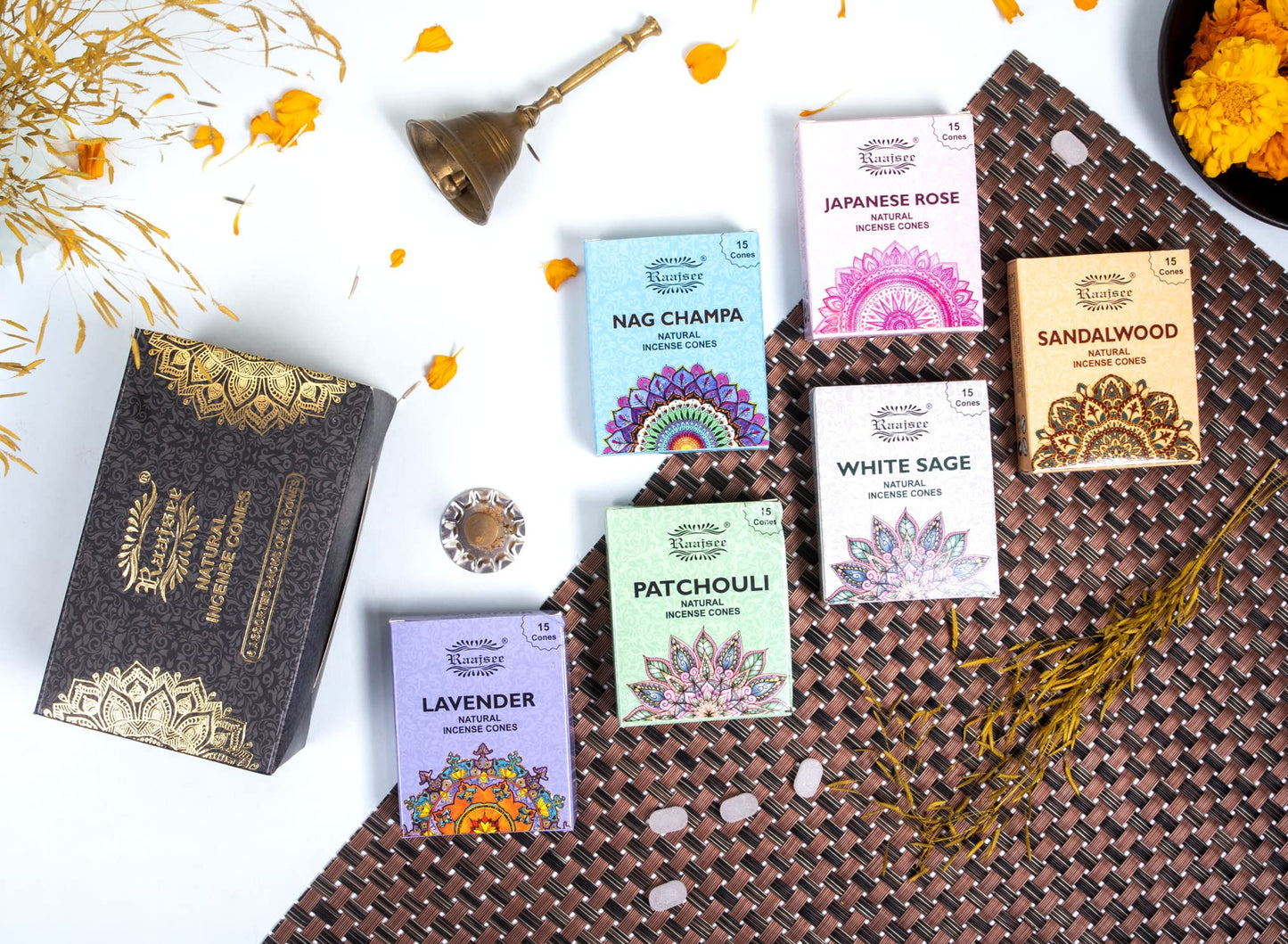 Raajsee Natural Incense Cones,6 Pack Mixed Scents Gift Pack 15 pc Each (90 Total), Insense Cones Variety Pack, 100% Organic Non Toxic Natural - Hand Rolled Free from Chemicals (Pack 1)