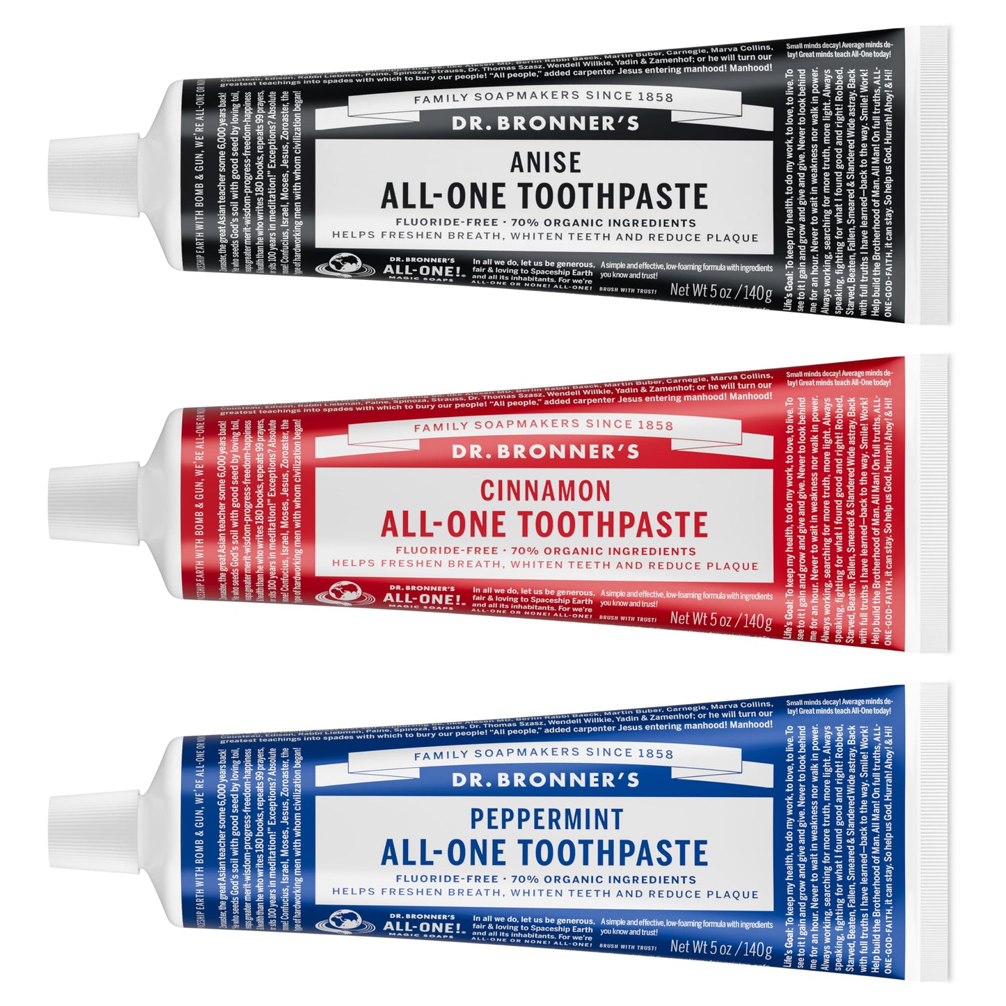 Dr. Bronner’s All-One Toothpaste Pack of 3– Peppermint, 5 oz– Fluoride-Free Toothpaste for Adults, SLS-Free, 70% Organic & Natural Ingredients, Vegan, Helps Freshen Breath & Reduce Plaque