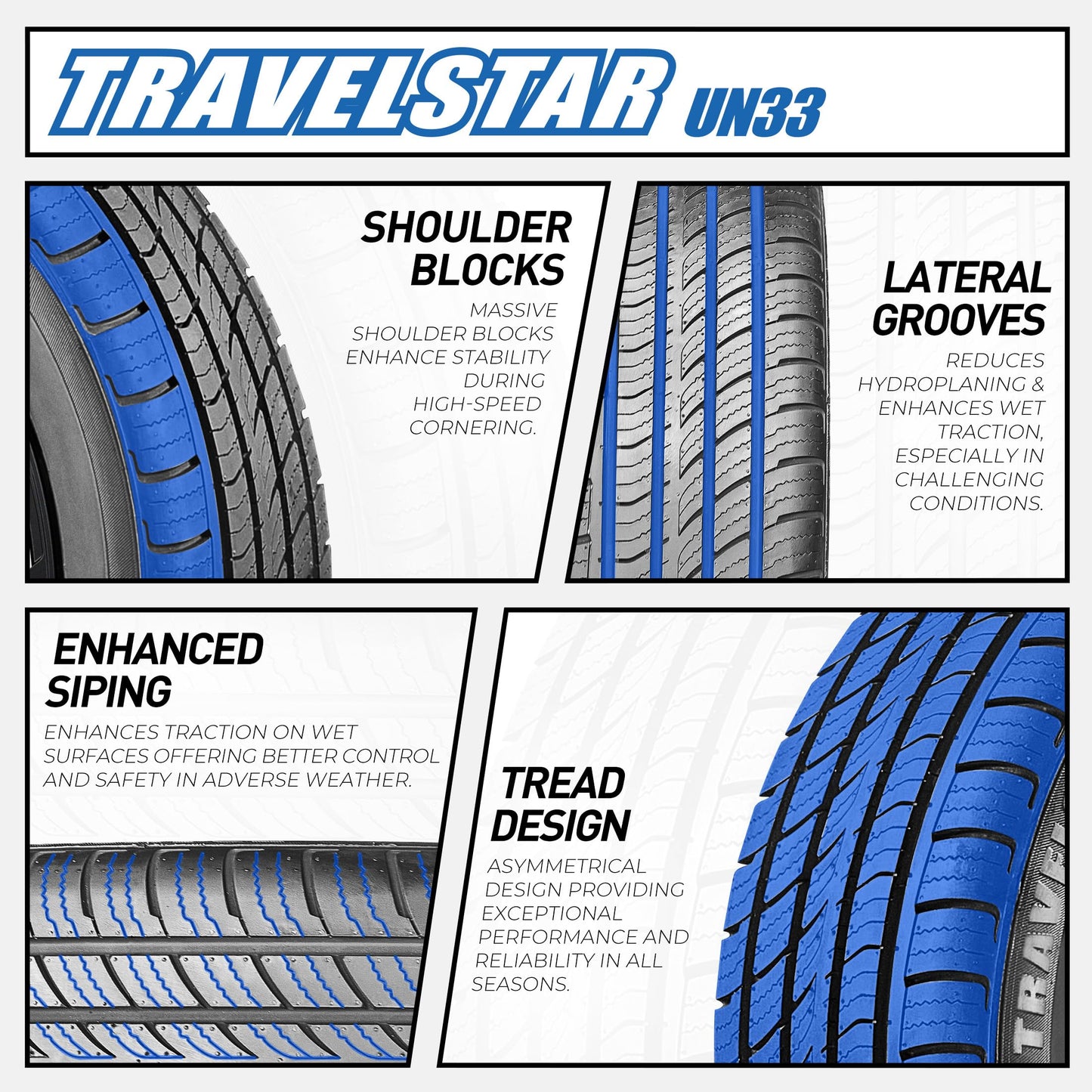 Set of 4 (Four) Travelstar UN33 235/55R19 101V High Performance All Season Passenger Tire 235/55/19 HP Radial Mud Snow Car Tires -Includes Three-year Road Hazard Warranty (Tire Only)