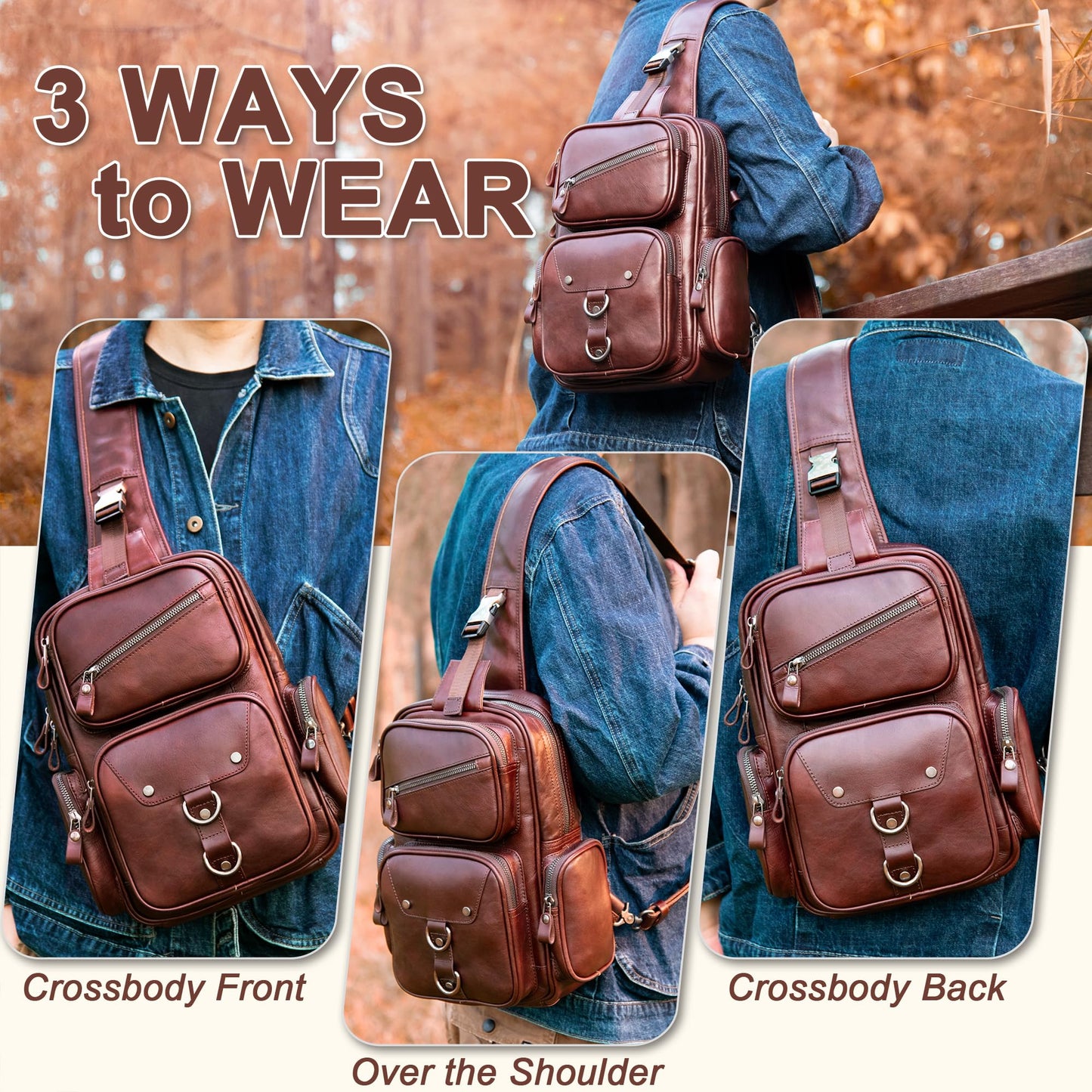 Genuine Leather Sling Bag for Men Large Crossbody Shoulder Bag Casual Sling Backpack Anti-Theft Travel Chest Purse