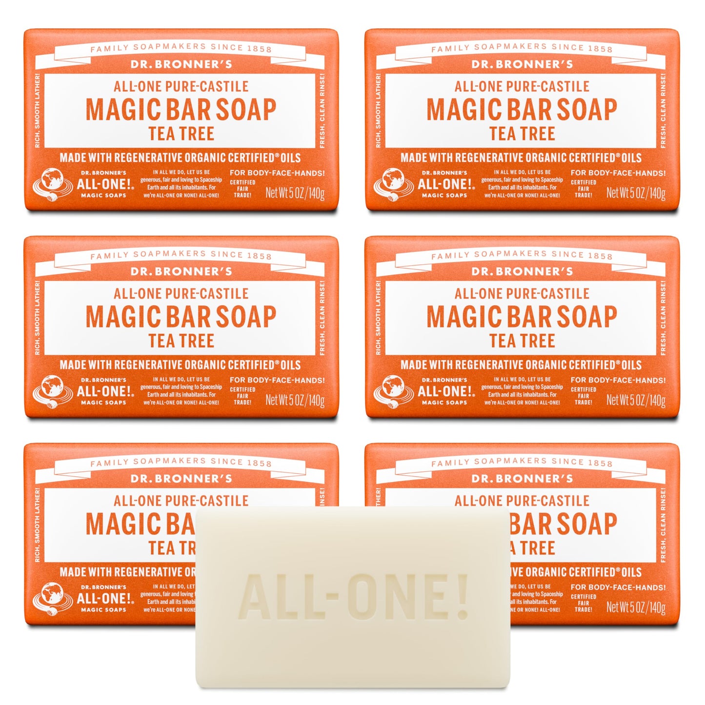Dr. Bronner's Pure-Castile Magic Bar Soaps - Made with Regenerative Organic Certified Oils - For Face, Body, Hair- Vegan Soap Bars for Men & Women - Tea Tree, 2 pack, 5 oz