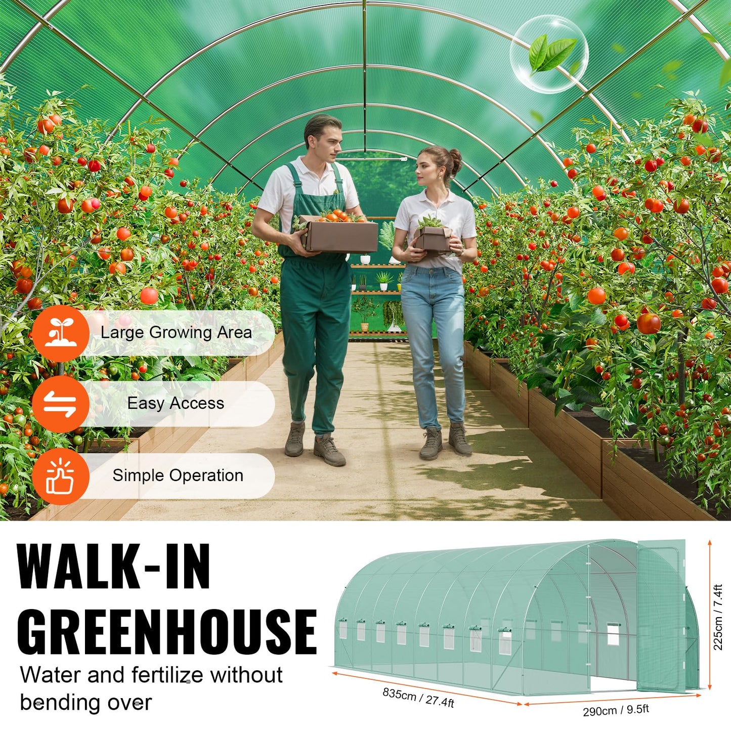 VEVOR Walk-in Tunnel Greenhouse, 9.6x6.4x6.2 ft Hoop House Greenhouse Tunnel, Plant Hot House with Galvanized Steel Frame, White PE Cover, Roll-up Zipper Door and 6 Windows for Outdoor