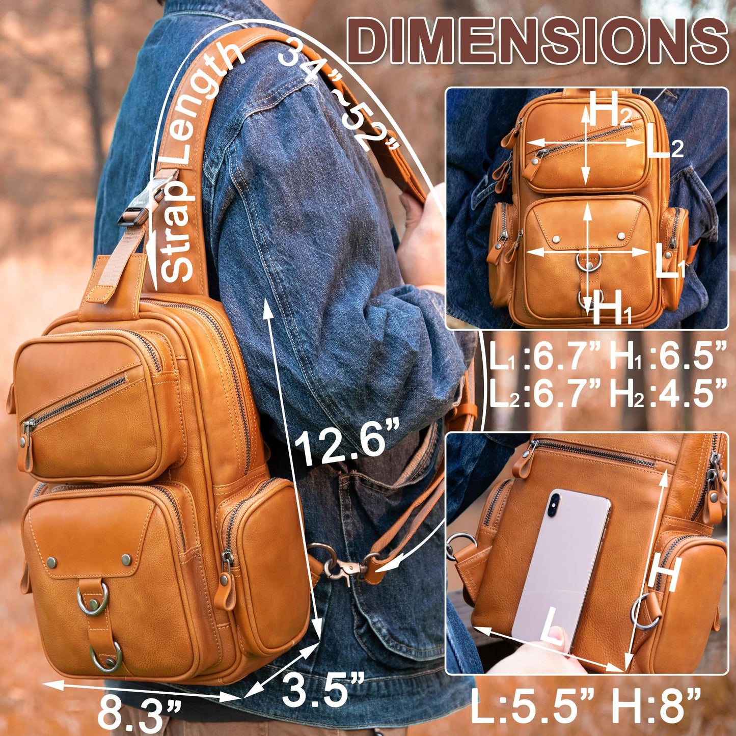 Genuine Leather Sling Bag for Men Large Crossbody Shoulder Bag Casual Sling Backpack Anti-Theft Travel Chest Purse