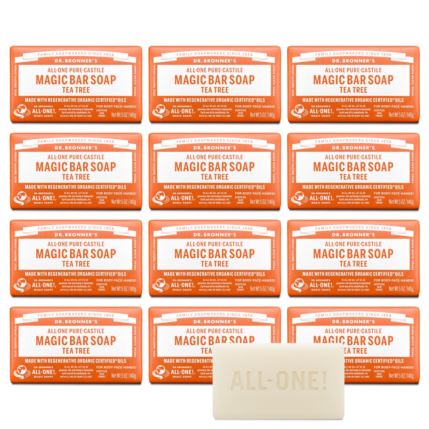 Dr. Bronner's Pure-Castile Magic Bar Soaps - Made with Regenerative Organic Certified Oils - For Face, Body, Hair- Vegan Soap Bars for Men & Women - Tea Tree, 2 pack, 5 oz