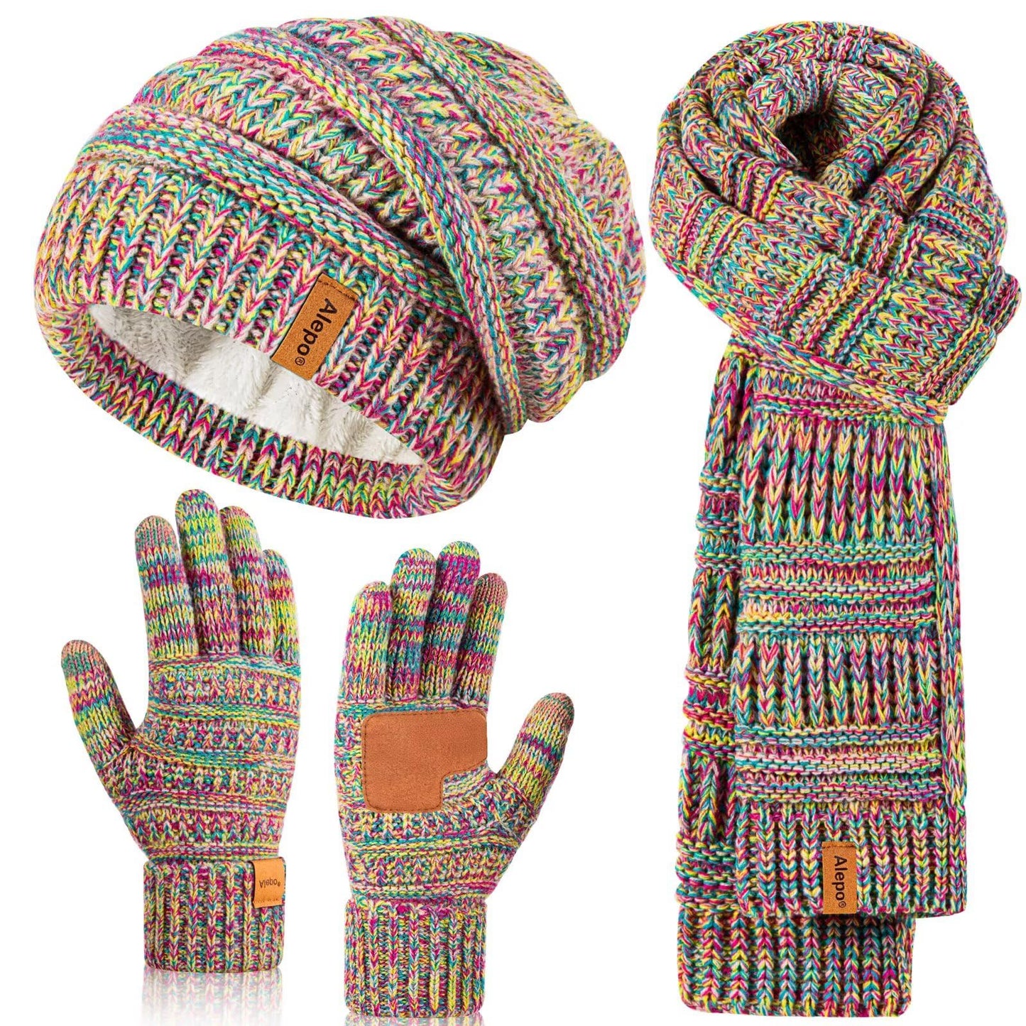 Winter Beanie Hat Scarf Gloves Set for Women, Slouchy Beanie Long Scarf Touchscreen Gloves, Warm 3 in 1 Set