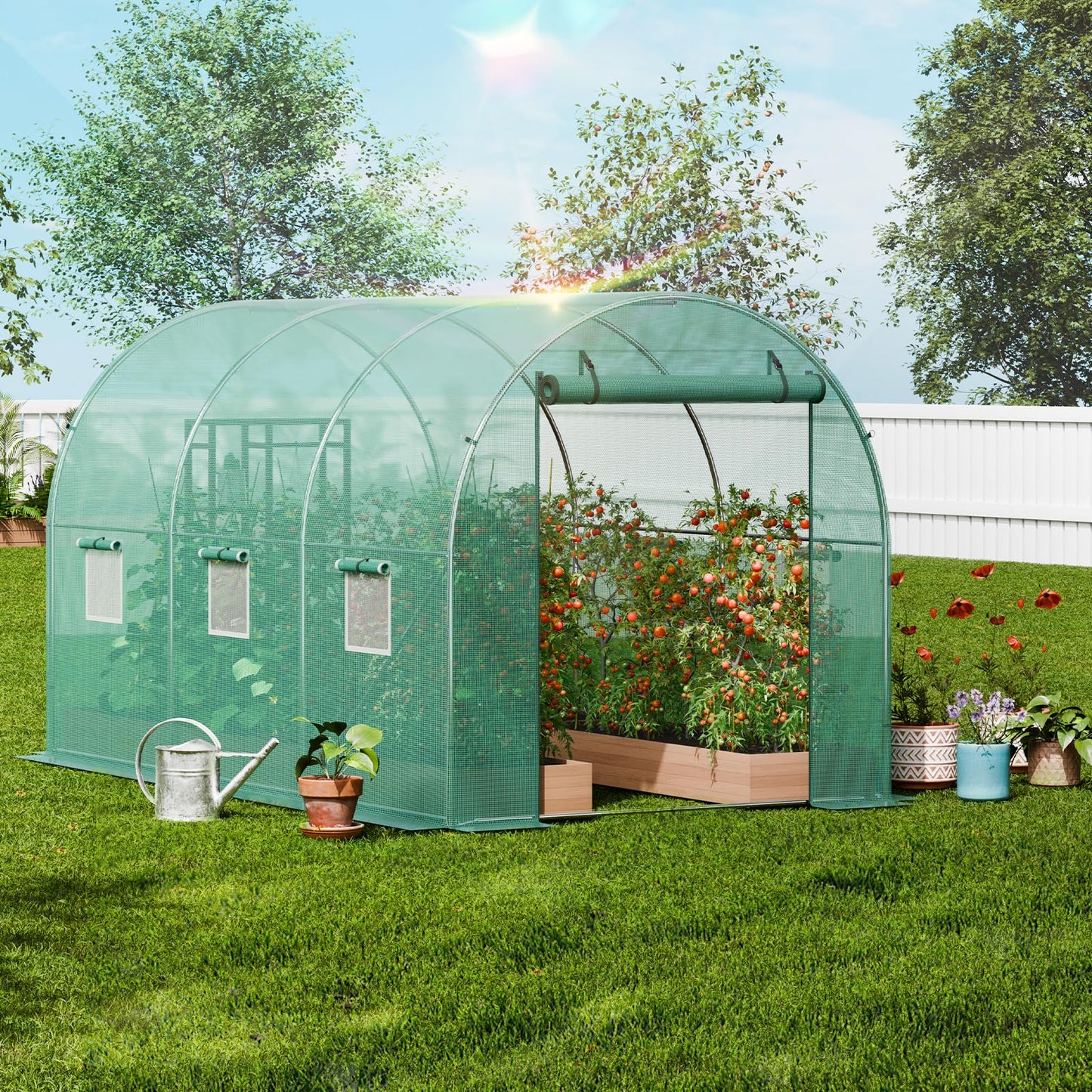 VEVOR Walk-in Tunnel Greenhouse, 9.6x6.4x6.2 ft Hoop House Greenhouse Tunnel, Plant Hot House with Galvanized Steel Frame, White PE Cover, Roll-up Zipper Door and 6 Windows for Outdoor
