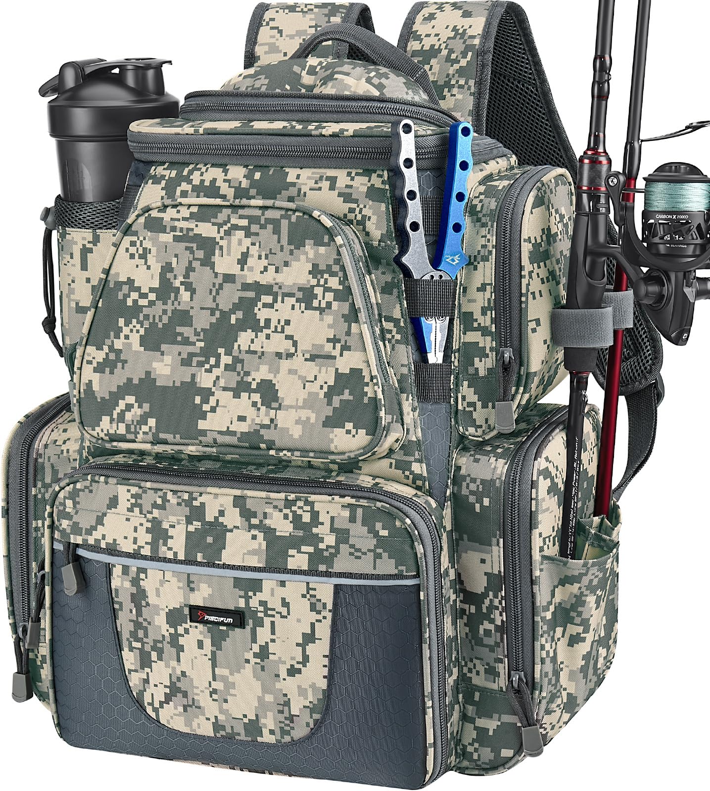 Piscifun Fishing Backpack with 2 Rod Holders & 4 Tackle Boxes, Large Tackle Storage Bag With Rain Cover for Fishing Gear