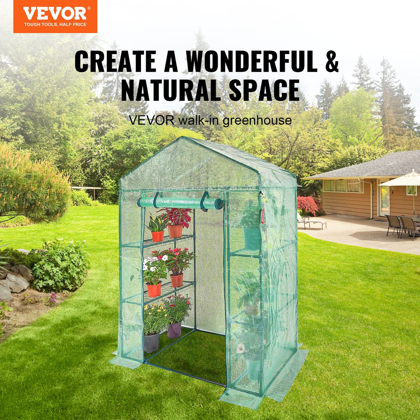 VEVOR Walk-in Tunnel Greenhouse, 9.6x6.4x6.2 ft Hoop House Greenhouse Tunnel, Plant Hot House with Galvanized Steel Frame, White PE Cover, Roll-up Zipper Door and 6 Windows for Outdoor