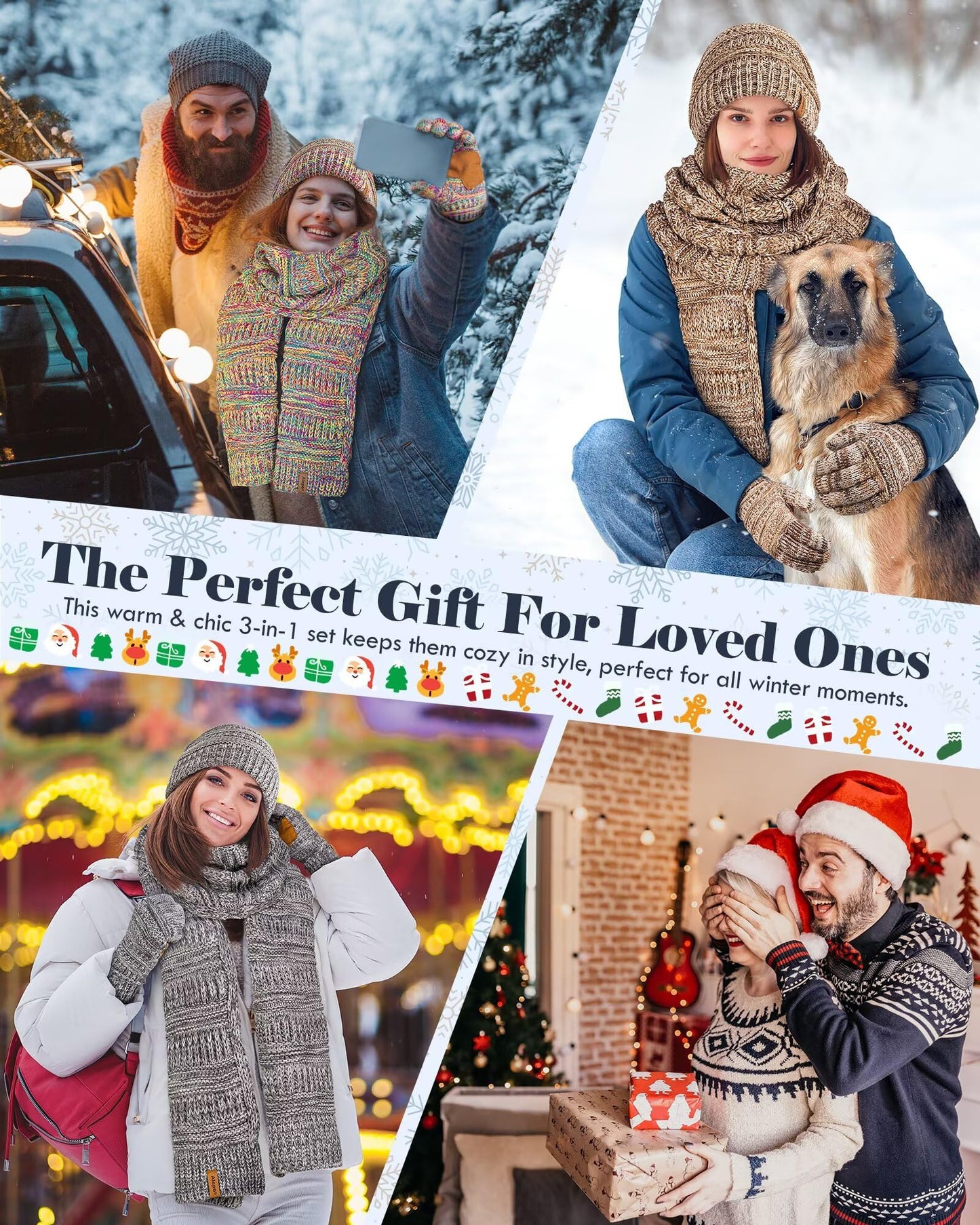 Winter Beanie Hat Scarf Gloves Set for Women, Slouchy Beanie Long Scarf Touchscreen Gloves, Warm 3 in 1 Set