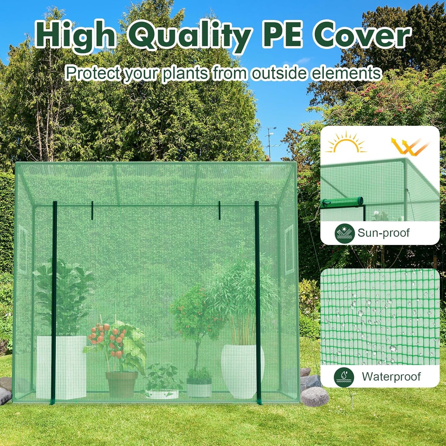 Happygrill Mini Greenhouse, Walk-in Greenhouse w/PE Cover, 4 Wind Ropes & Ground Stakes, Roll-up Zipper Door, Double-Layer Screen Windows, Portable Small Greenhouses for Outdoors, 6.6 x 2.5 x 5.6 FT