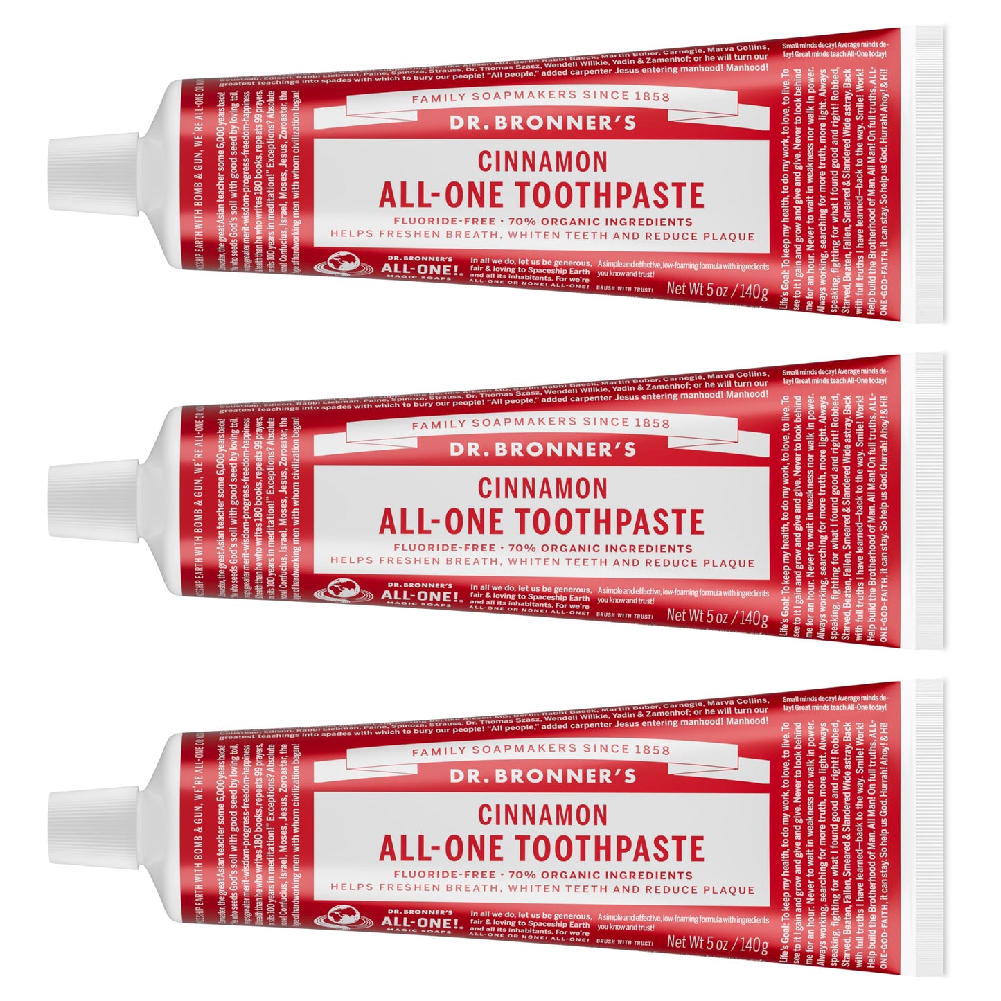 Dr. Bronner’s All-One Toothpaste Pack of 3– Peppermint, 5 oz– Fluoride-Free Toothpaste for Adults, SLS-Free, 70% Organic & Natural Ingredients, Vegan, Helps Freshen Breath & Reduce Plaque