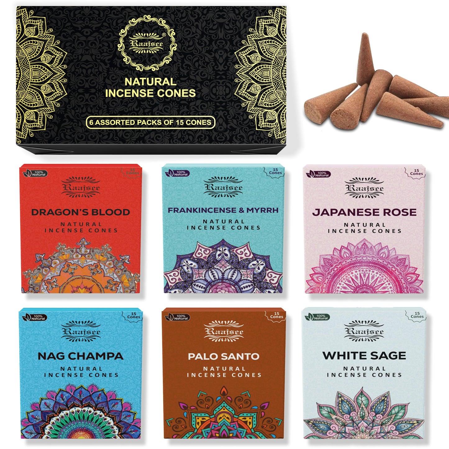 Raajsee Natural Incense Cones,6 Pack Mixed Scents Gift Pack 15 pc Each (90 Total), Insense Cones Variety Pack, 100% Organic Non Toxic Natural - Hand Rolled Free from Chemicals (Pack 1)