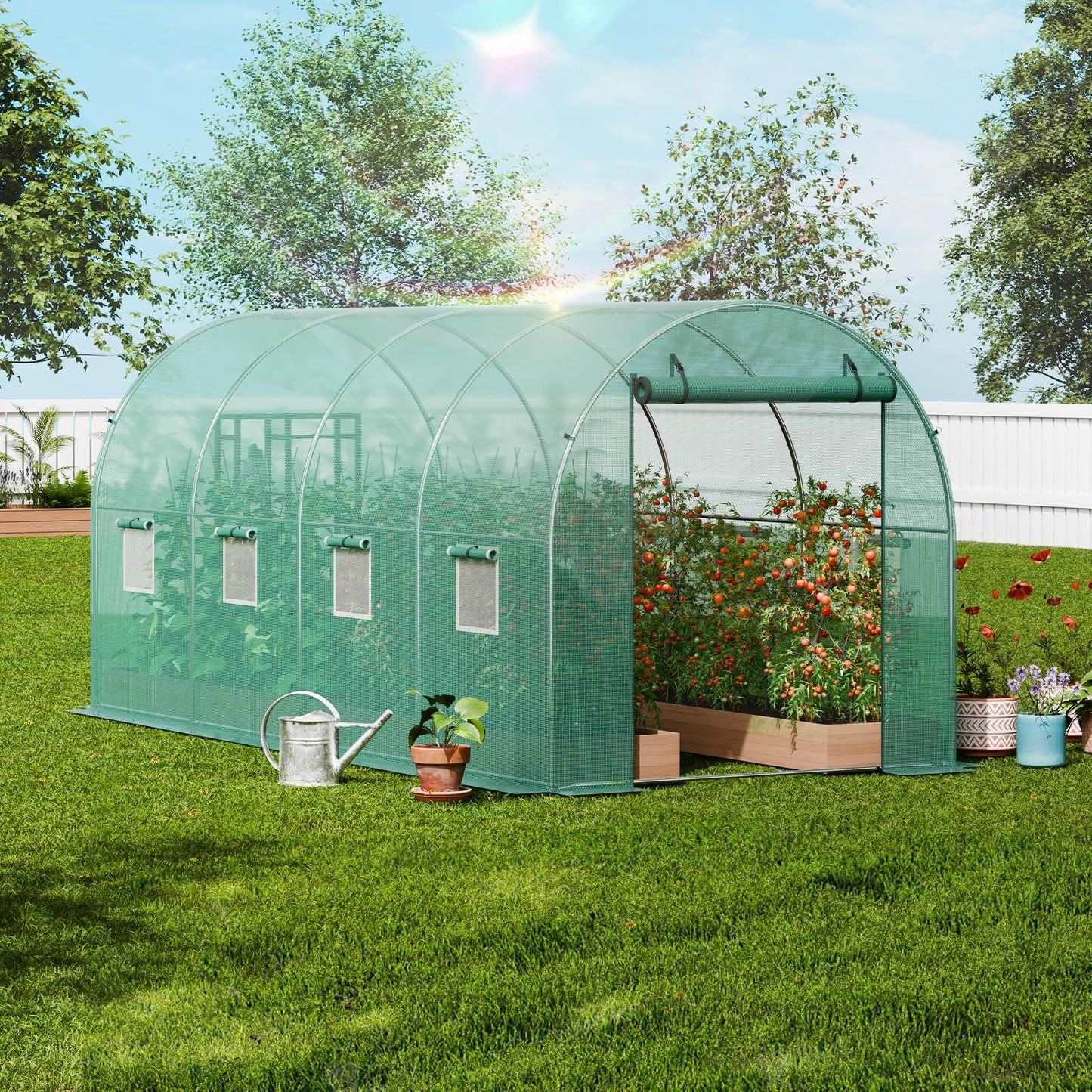 VEVOR Walk-in Tunnel Greenhouse, 9.6x6.4x6.2 ft Hoop House Greenhouse Tunnel, Plant Hot House with Galvanized Steel Frame, White PE Cover, Roll-up Zipper Door and 6 Windows for Outdoor