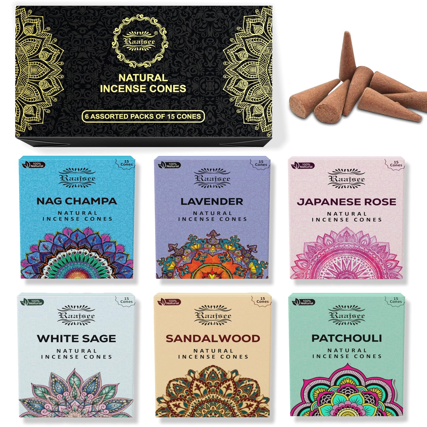 Raajsee Natural Incense Cones,6 Pack Mixed Scents Gift Pack 15 pc Each (90 Total), Insense Cones Variety Pack, 100% Organic Non Toxic Natural - Hand Rolled Free from Chemicals (Pack 1)
