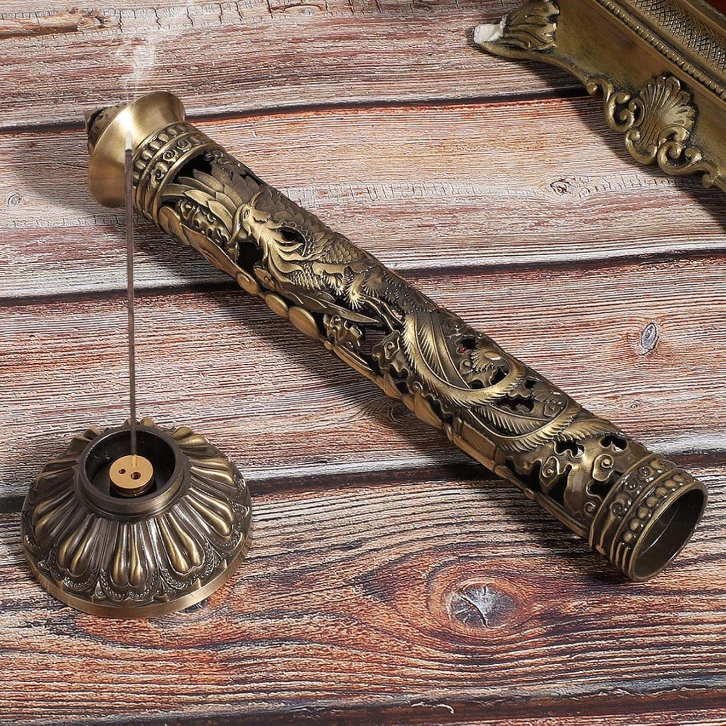 Vertical Incense Burner, Retro Incense Tower Holder Brass Stick Incense Holder Incense Burner with Dragon Phoenix Pattern for Home Office Yoga Meditation, 8.5x7cm/3.3x2.8in