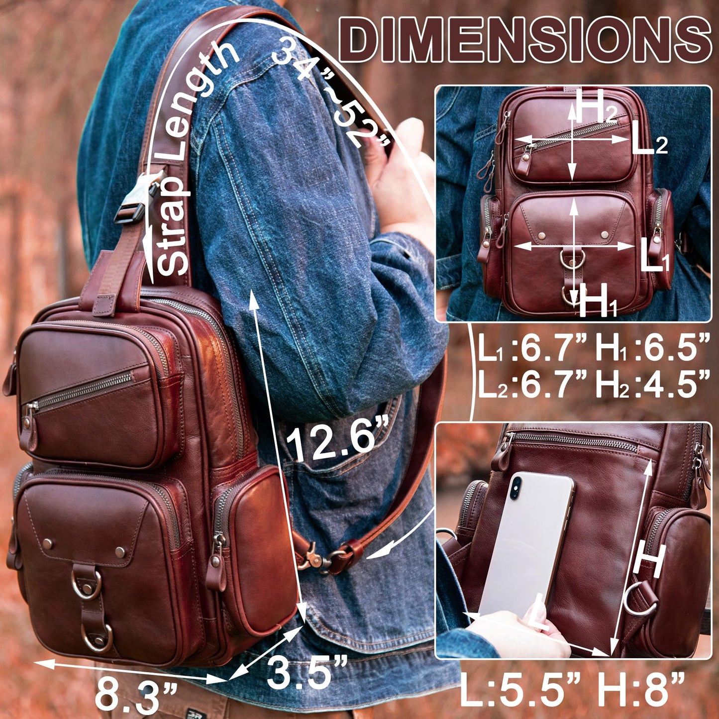 Genuine Leather Sling Bag for Men Large Crossbody Shoulder Bag Casual Sling Backpack Anti-Theft Travel Chest Purse