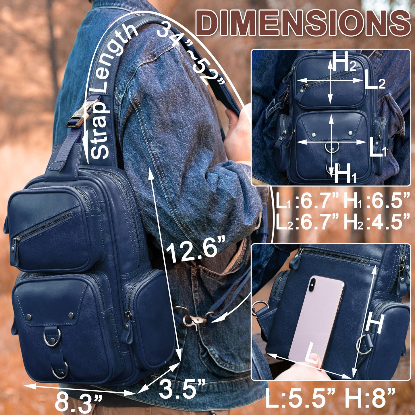 Genuine Leather Sling Bag for Men Large Crossbody Shoulder Bag Casual Sling Backpack Anti-Theft Travel Chest Purse